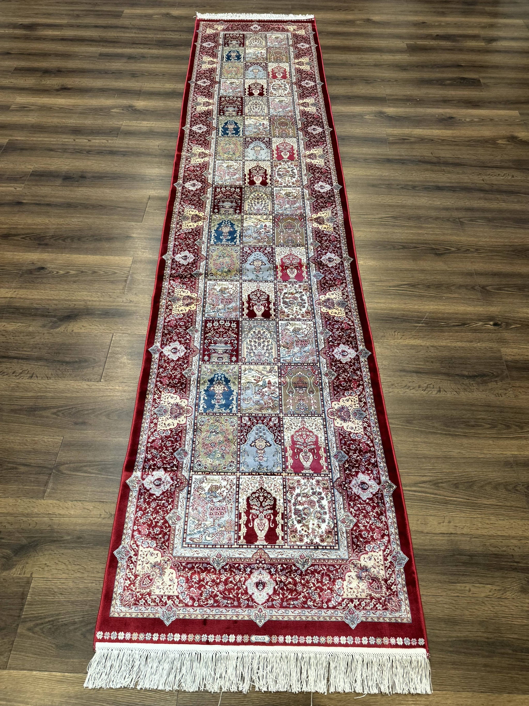 Turkish Silk Runner Rug 2.6 x 11.6, Panel Design, Dark Red Ivory, Bamboo Silk, New by Jewel Rugs