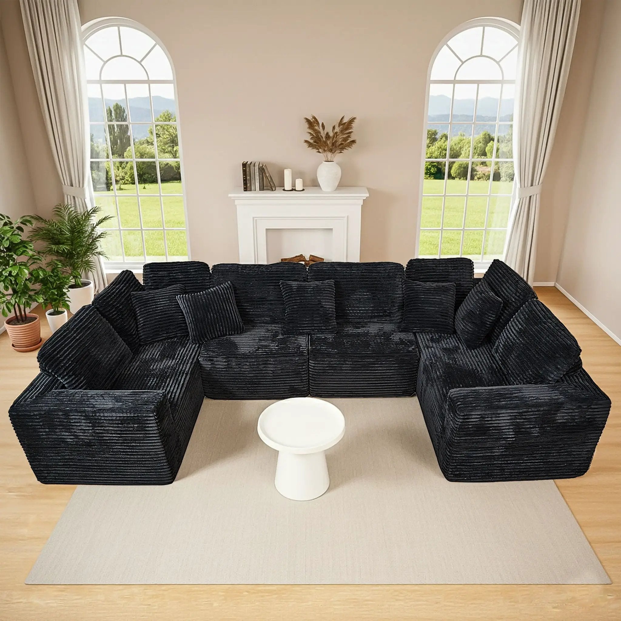 Modular U-Shaped Sectional Sofa, 6 Seater Chaise Lounge With Reversible Design - Black by HouseOfZazla