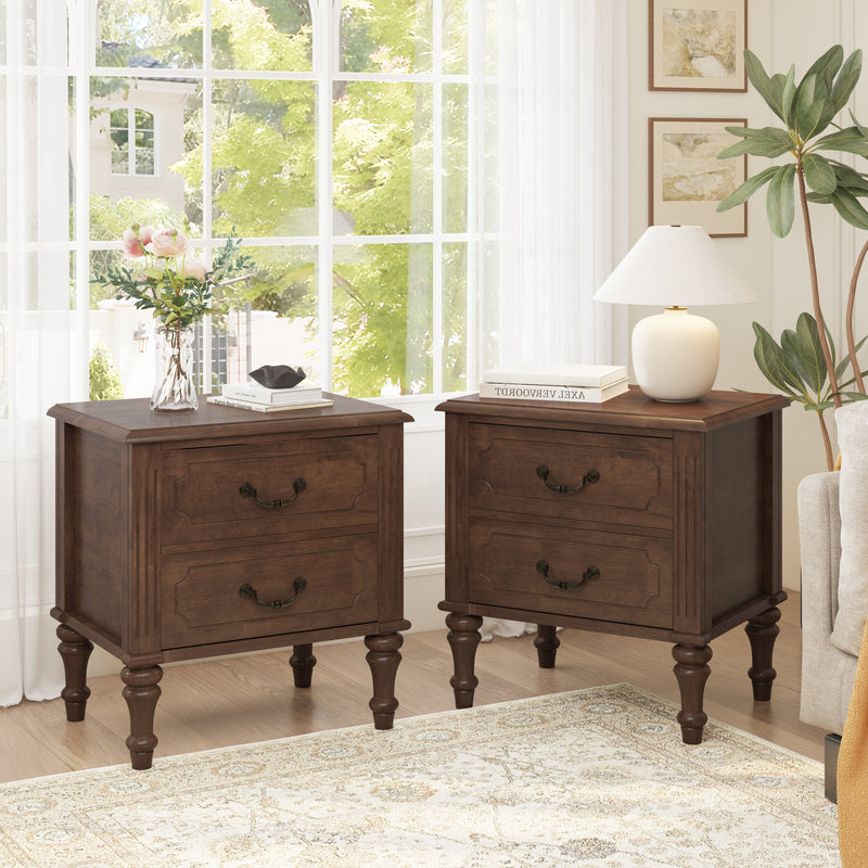 Farmhouse Nightstand with 2 Drawer, Solid Wood Bedside Table - Walnut, photo 6 of 10