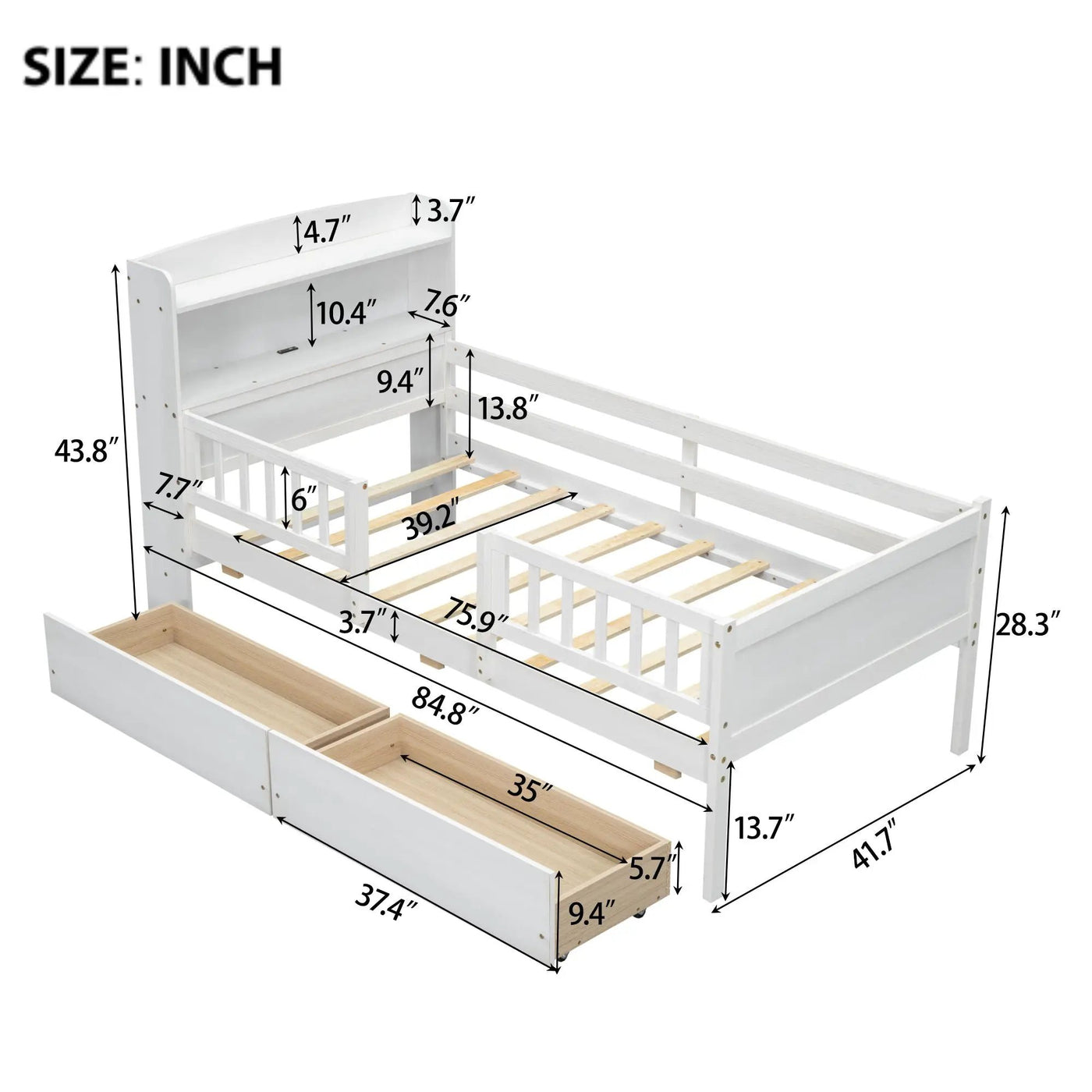 Platform Bed With LED Light, Multi Functional Headboard, Guardrail And 2 Drawers by HouseOfZazla