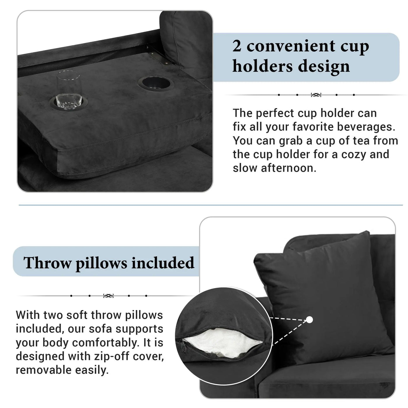 Modern Sectional Sofa With Storage Ottoman, L - Shape Couch With 2 Pillows And Cup Holders by HouseOfZazla