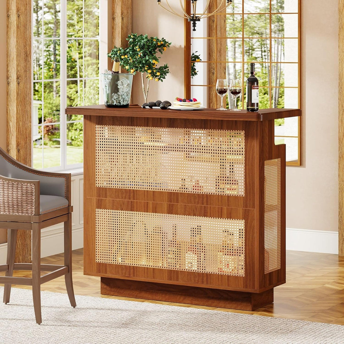 Farmhouse Rattan Bar Unit with Ample Storage - Caramel Brown, photo 10 of 10
