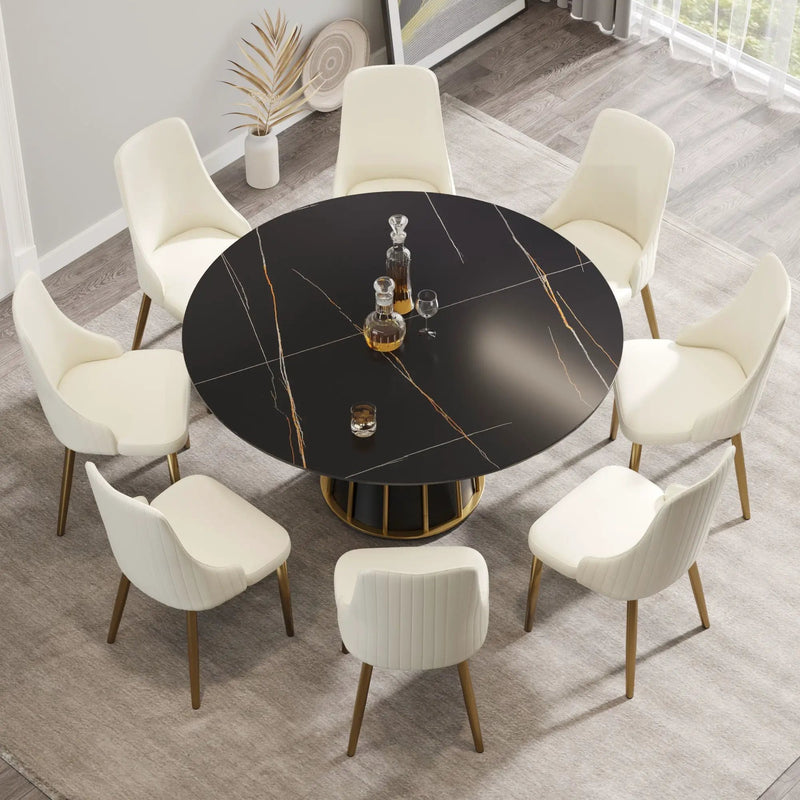 Modern Artificial Stone Round Metal Iron Base Dining Table, Can Accommodate 8 People, (Not Including Chairs) - Black by HouseOfZazla