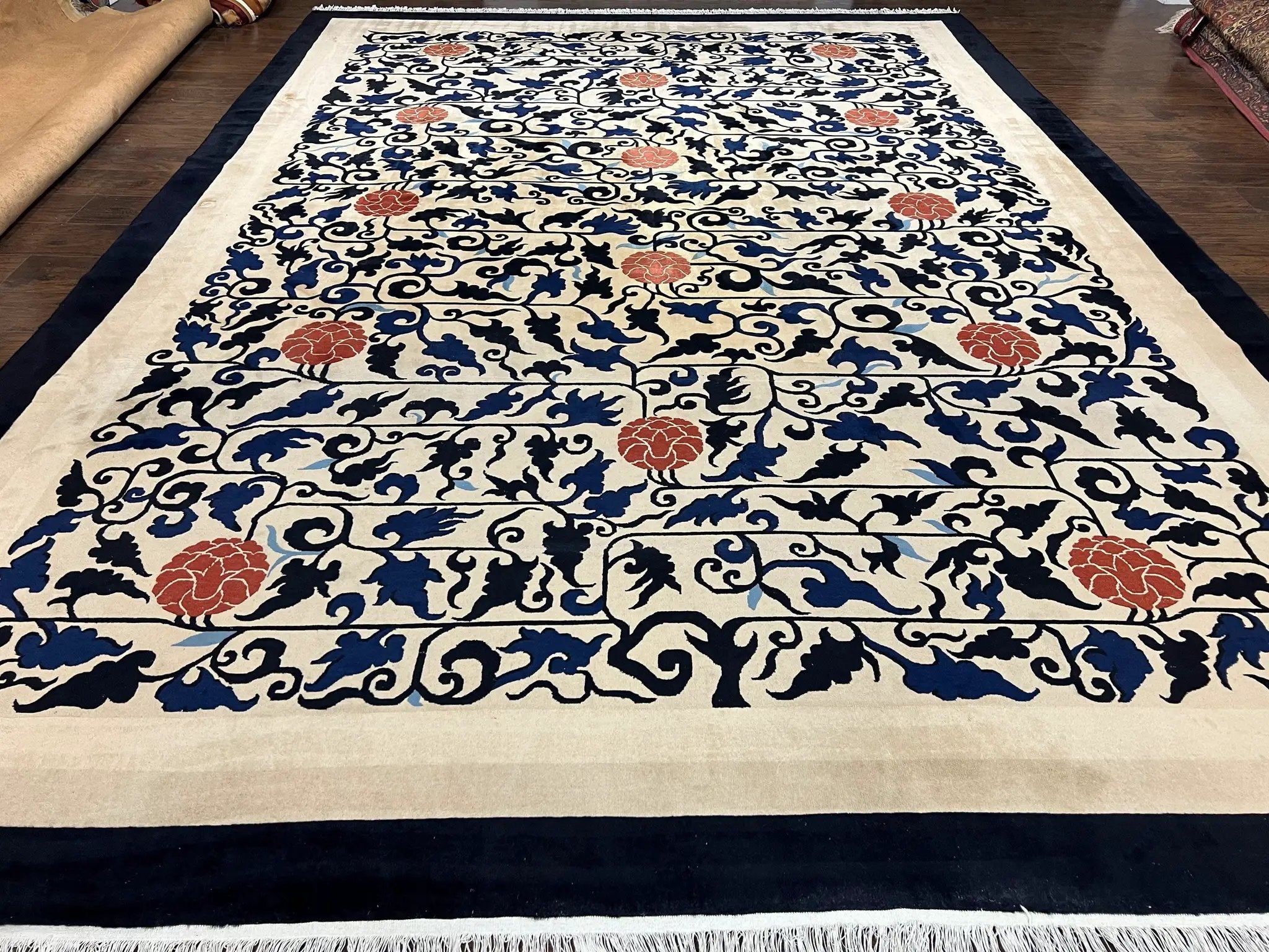 Antique Chinese Peking Rug 10x14, Beige Black, Handmade Wool Art Deco Carpet by Jewel Rugs