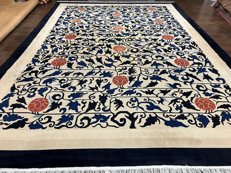 Antique Chinese Peking Rug 10x14, Beige Black, Handmade Wool Art Deco Carpet by Jewel Rugs