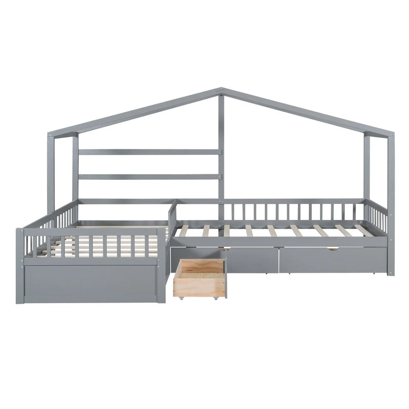 L Shape Platform Bed With 3 Storage Drawers