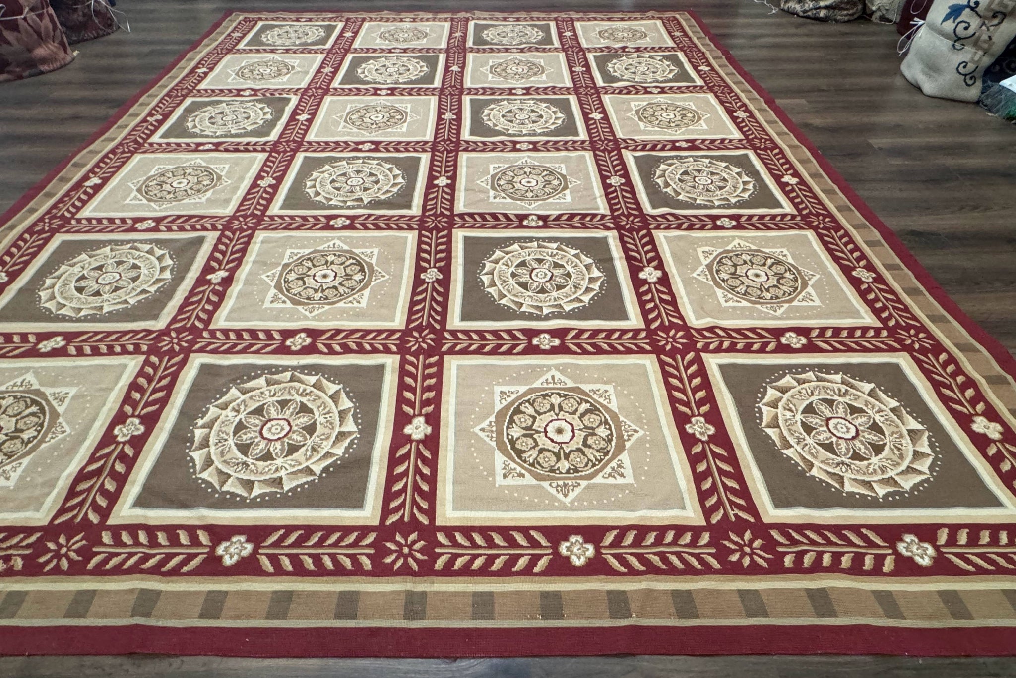 Needlepoint Rug 9x12, Panel Design, Burgundy Taupe, Elegant by Jewel Rugs