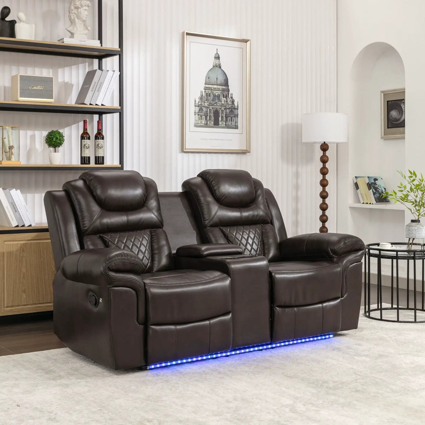 Home Theater Seating Manual Recliner Loveseat With Hide-Away Storage, Cup Holders And Led Light Strip For Living Room by Unique Piece Furniture