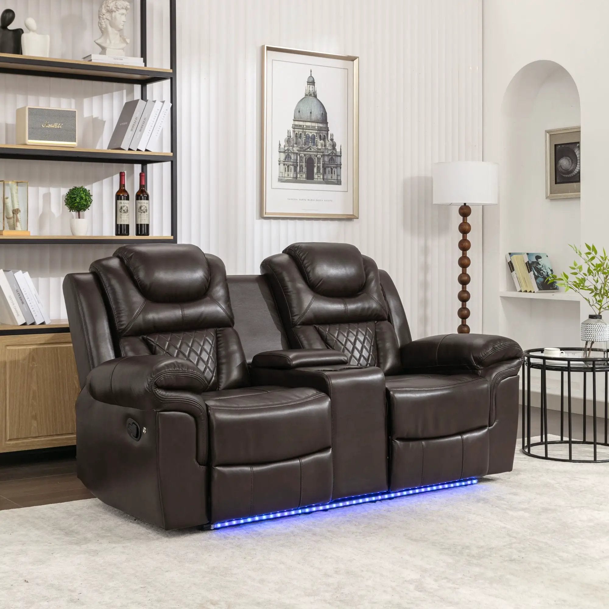 Home Theater Seating Manual Recliner Loveseat With Hide-Away Storage, Cup Holders And Led Light Strip For Living Room by Unique Piece Furniture