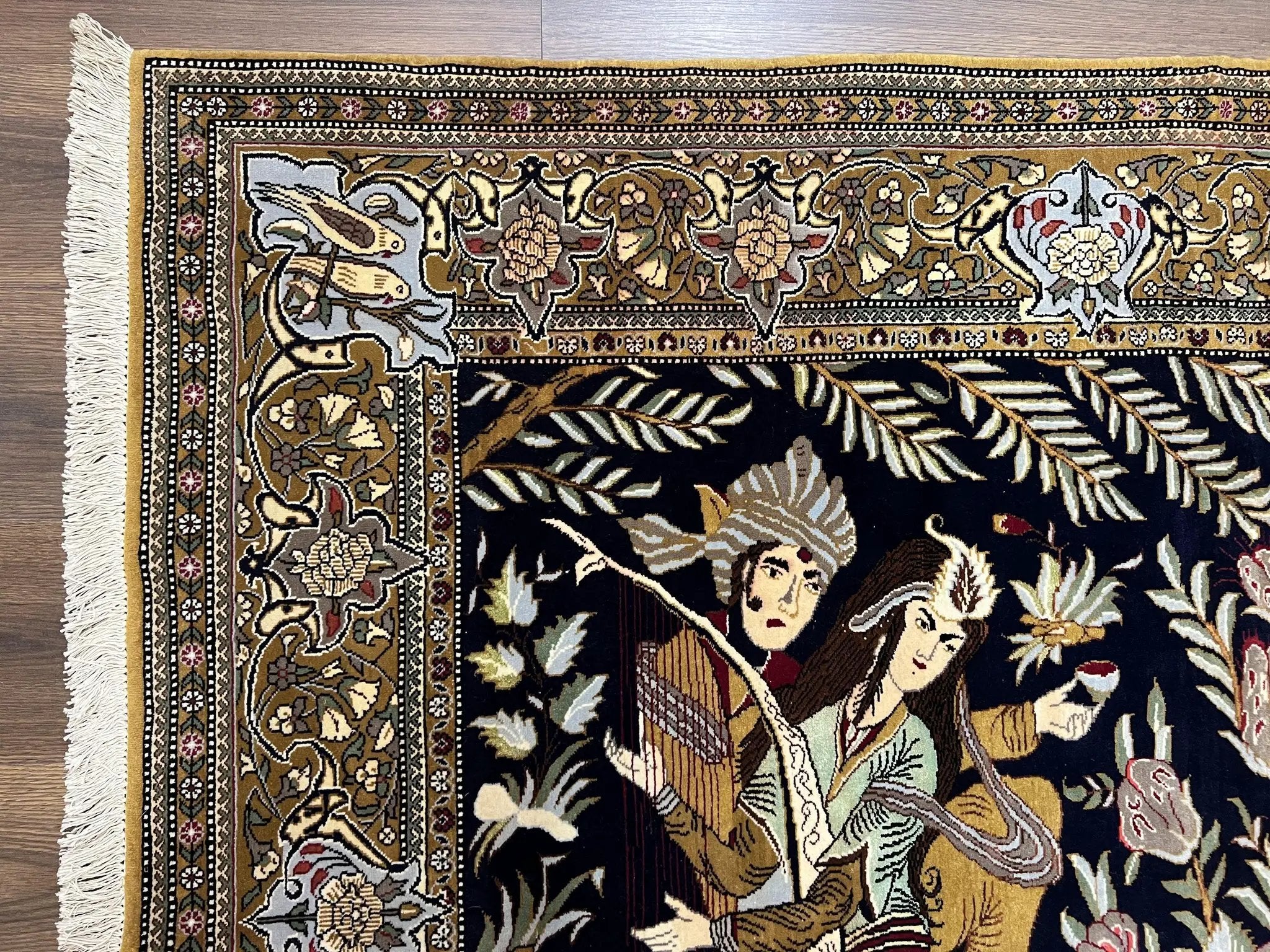 Persian Qum Pictorial Rug 4.8 x 6.5 - Layla & Majnun, Birds by Jewel Rugs