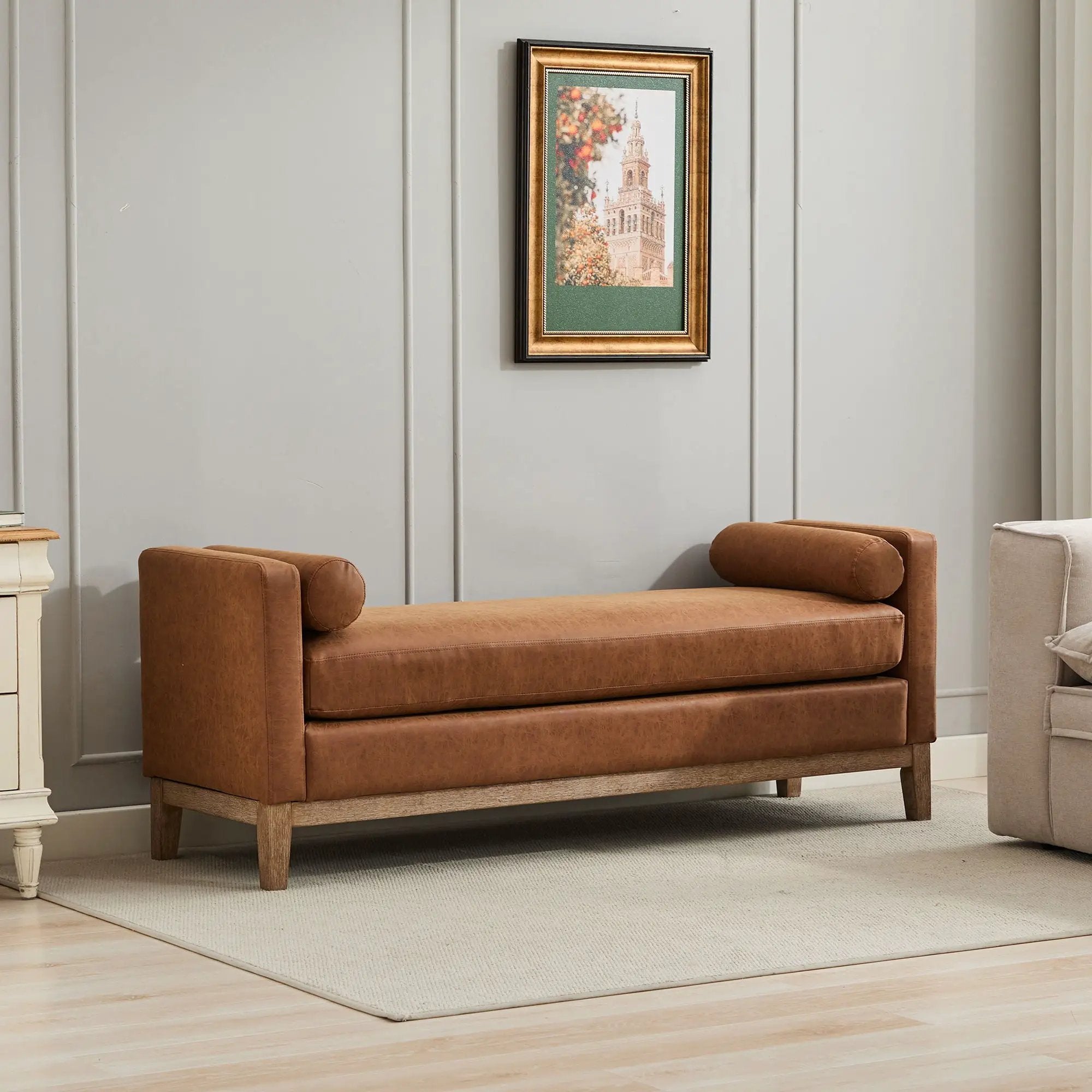 Elegant Upholstered Bench Daybed Ottoman With Bolster Pillows
