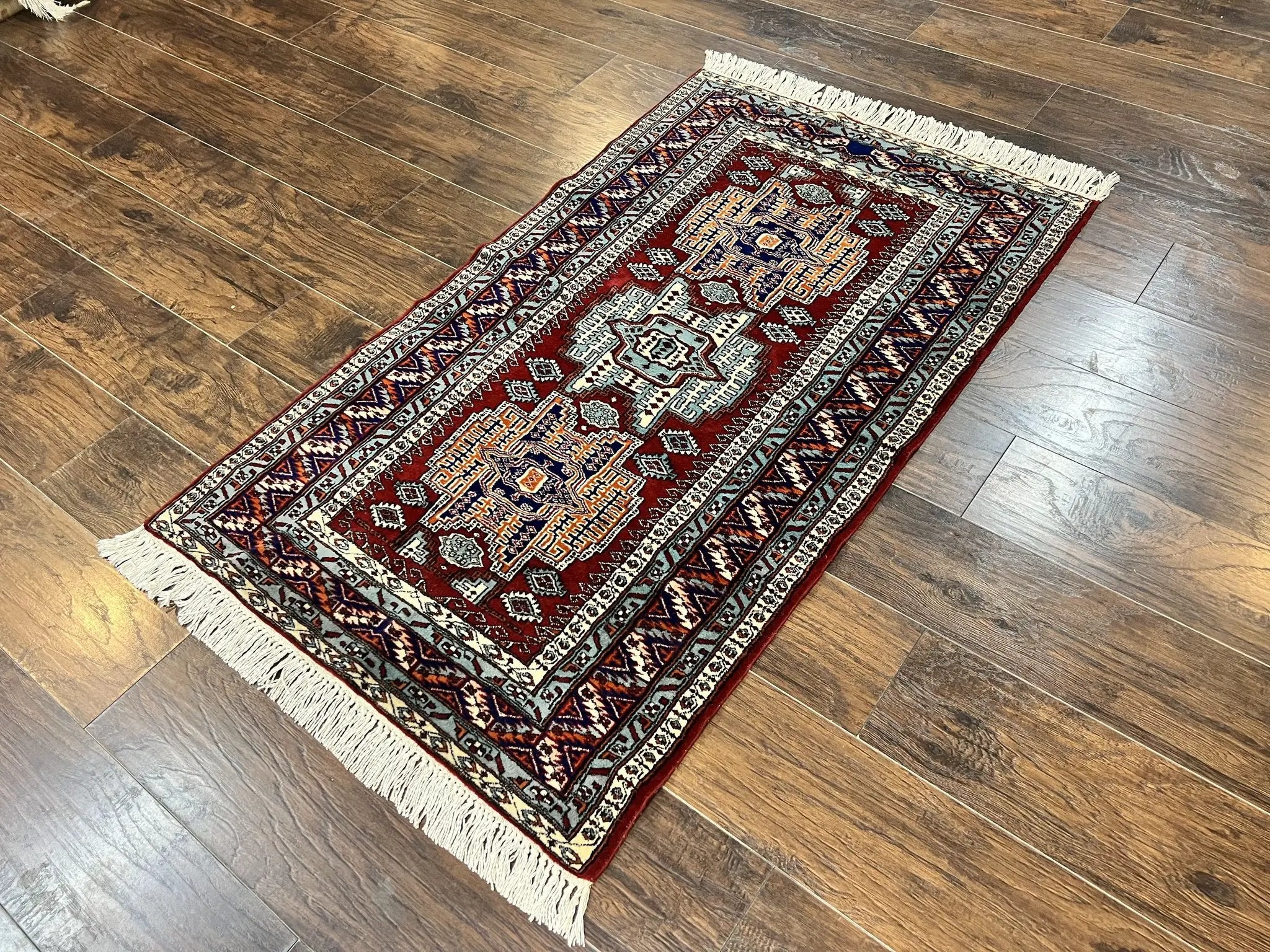 Pakistani Rug 3x5 ft, Caucasian Kazak Design, Geometric Rug, Small Vintage Oriental Carpet, Dark Red Vintage Handmade Wool Rug 3 x 5 by Jewel Rugs