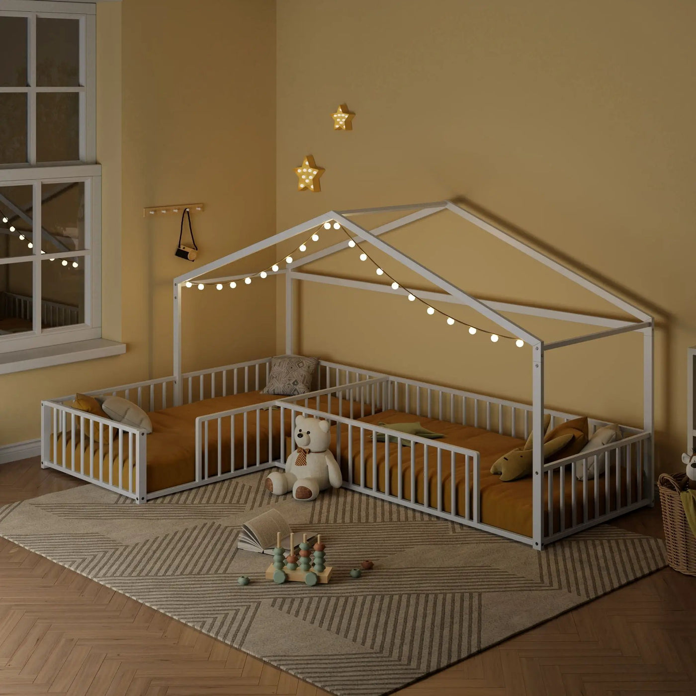 L-Shaped Montessori Bed For 2 Kids With Partitioned Fence by HouseOfZazla