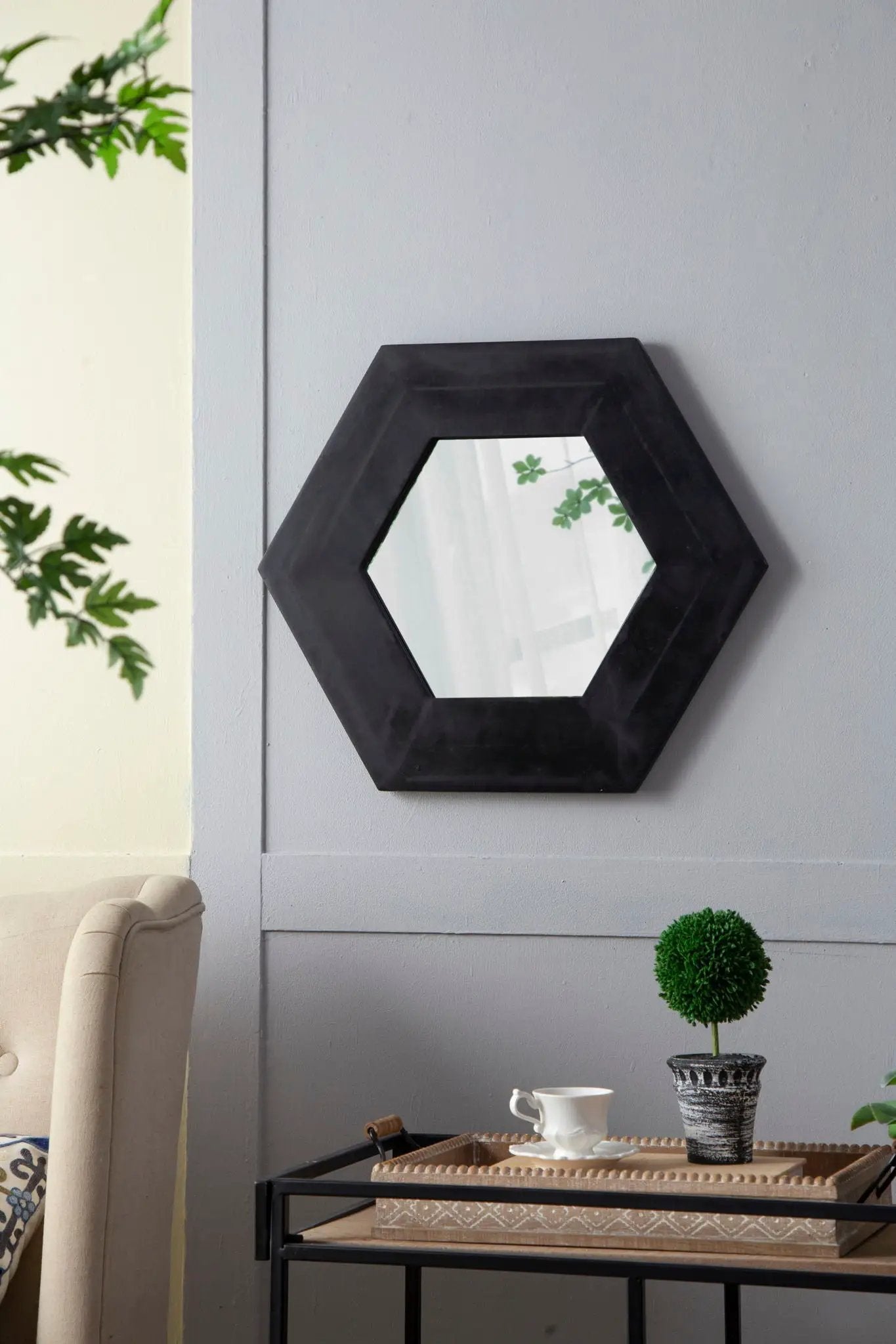 Hexagon Mirror With Natural Wood Frame, Wall Decor For Living Room Bathroom Hallway by HouseOfZazla