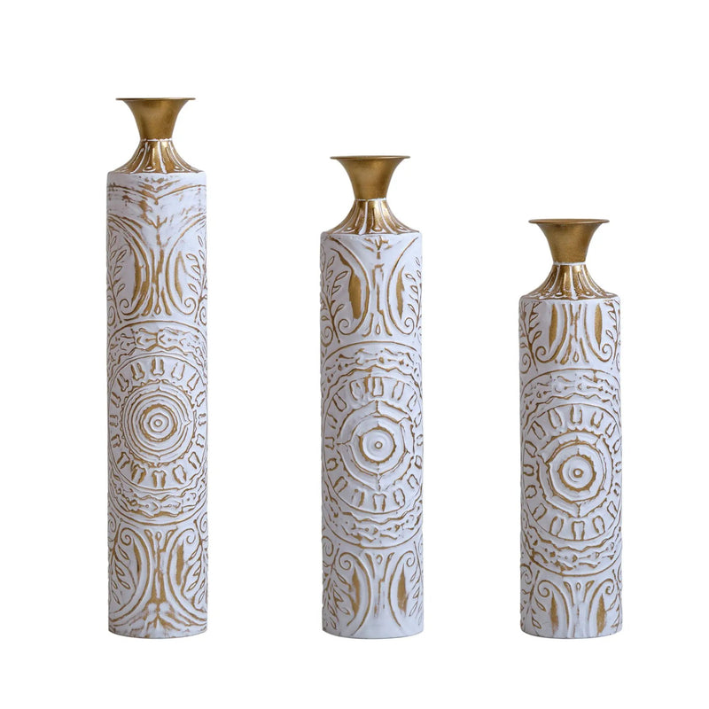 Floor Metal Vases Decorated Metal Vases (Set of 3) Gorgeous Home Decoration Large Glazed Metal Vases - White / Gold by HouseOfZazla