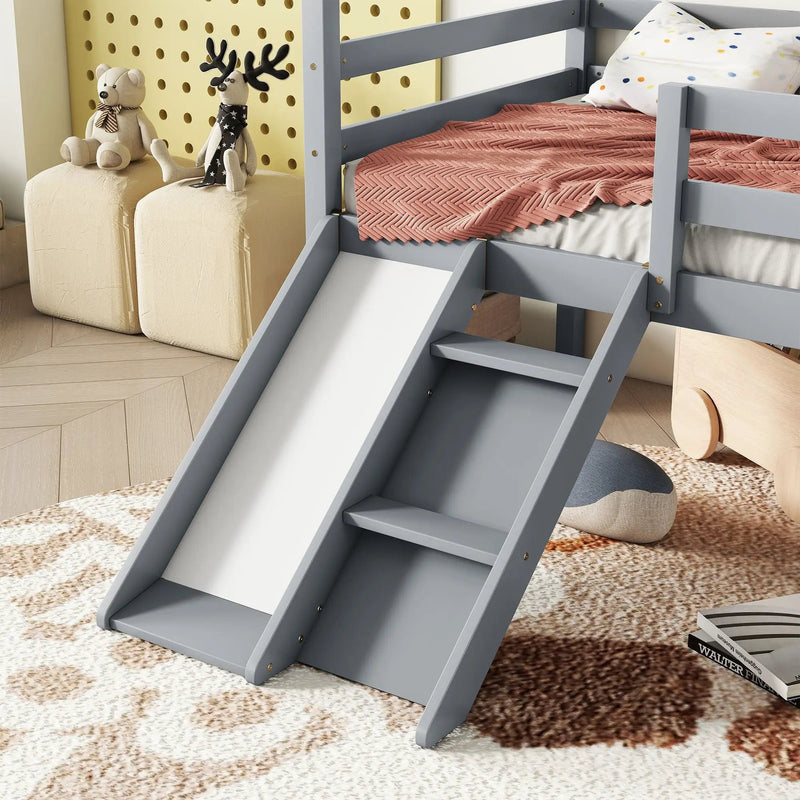 Low Loft House Bed With Slide, Ladder, Safety Guardrails, House Roof Frame by HouseOfZazla