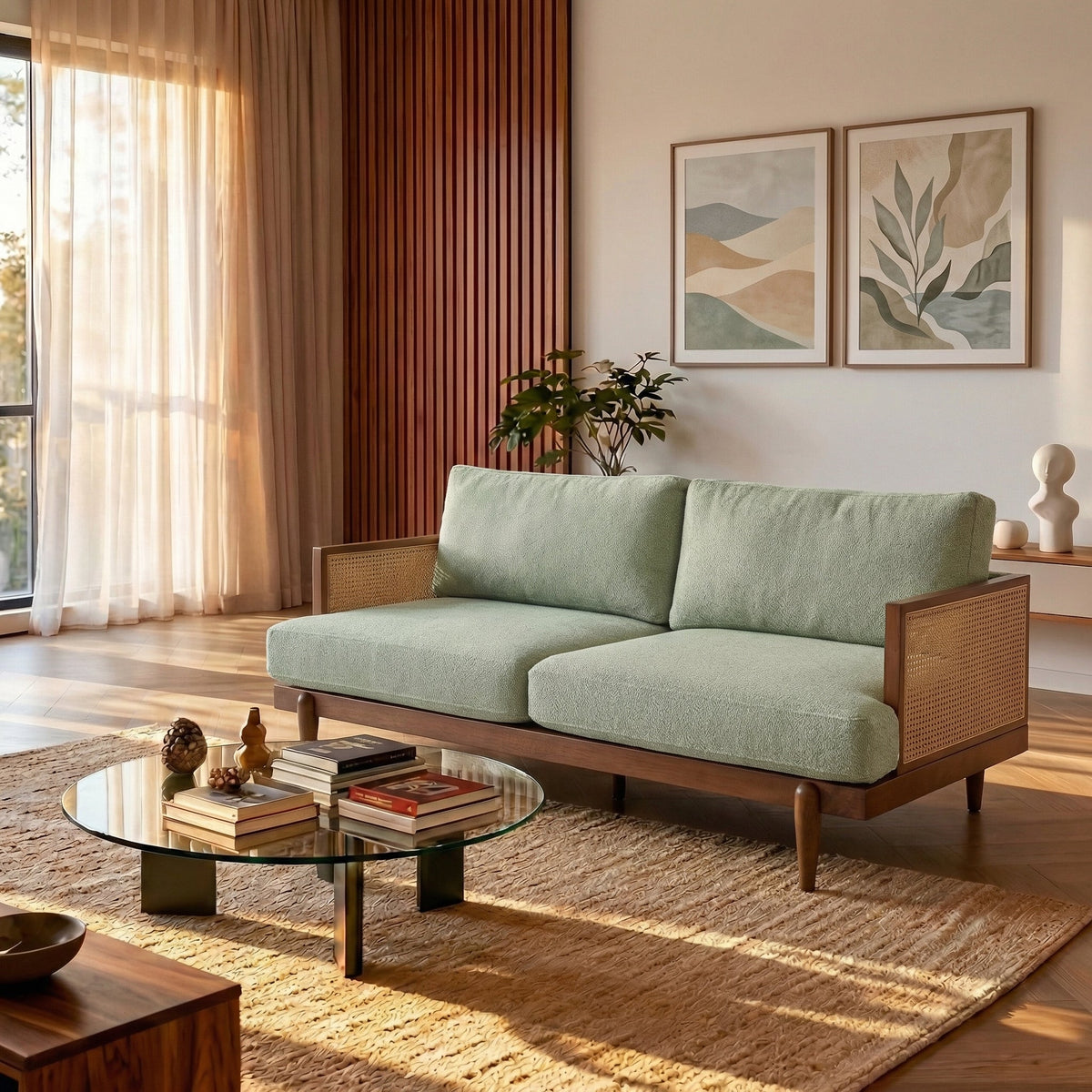 Emir 72" Square Arm 3-Seater Velvet Sofa with Cane Rattan - Camel or Light Green, photo 2 of 10