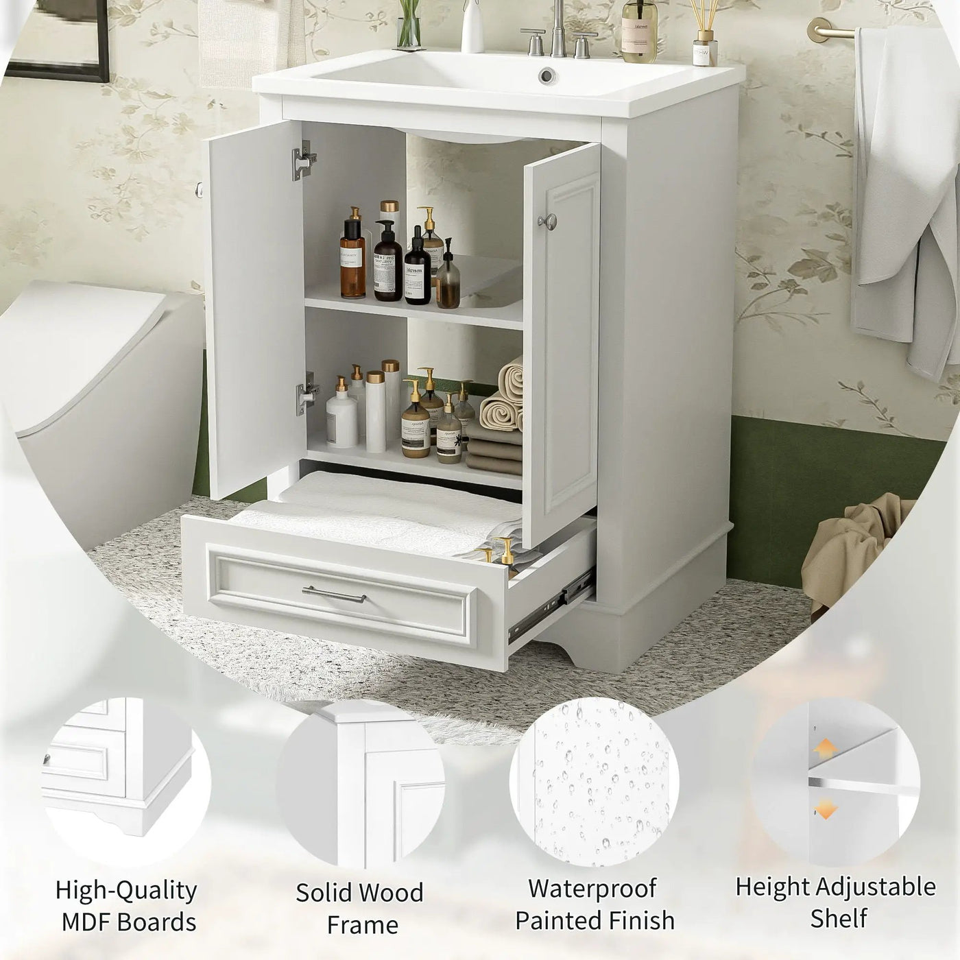 Bathroom Vanity With Ceramic Sink Combo, Modern Freestanding Storage Cabinet With Silver Handles by HouseOfZazla