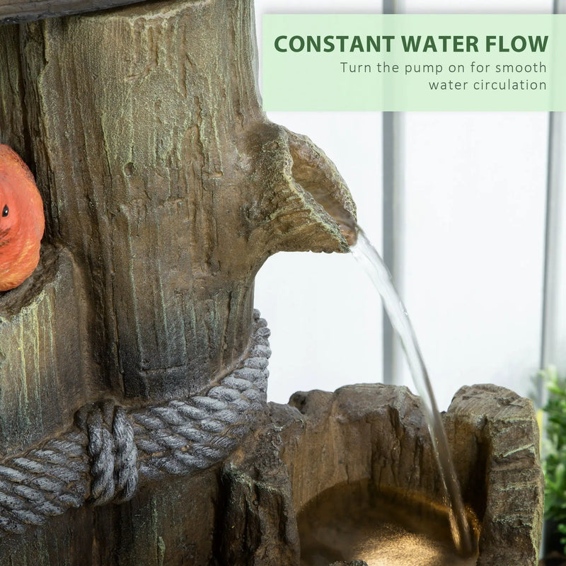 Outsunny - Outdoor Fountain With Birdhouse, Cascading Garden Waterfall Bird Bath With 3 Tier Rustic Tree Trunk / Log Design, LED Lights For Porch, Deck, Yard Decor - Brown by Unique Piece Furniture