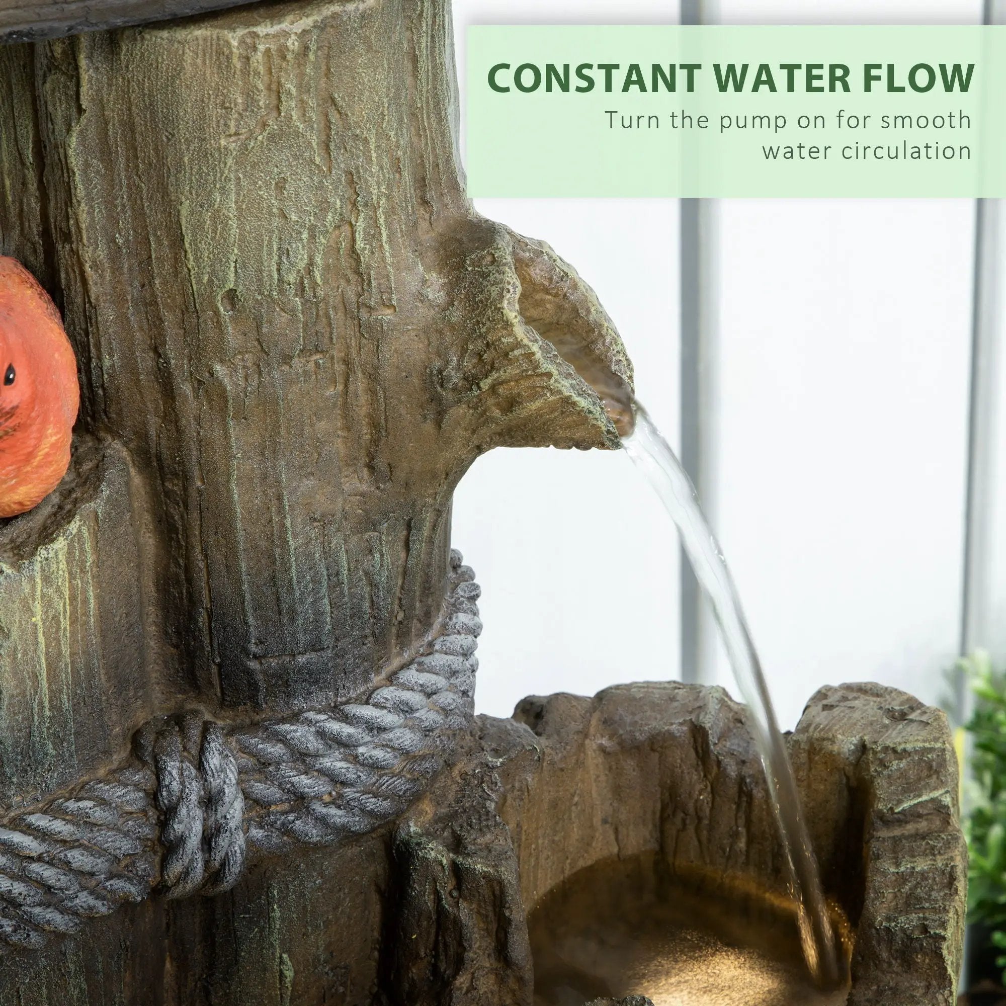 Outsunny - Outdoor Fountain With Birdhouse, Cascading Garden Waterfall Bird Bath With 3 Tier Rustic Tree Trunk / Log Design, LED Lights For Porch, Deck, Yard Decor - Brown by HouseOfZazla