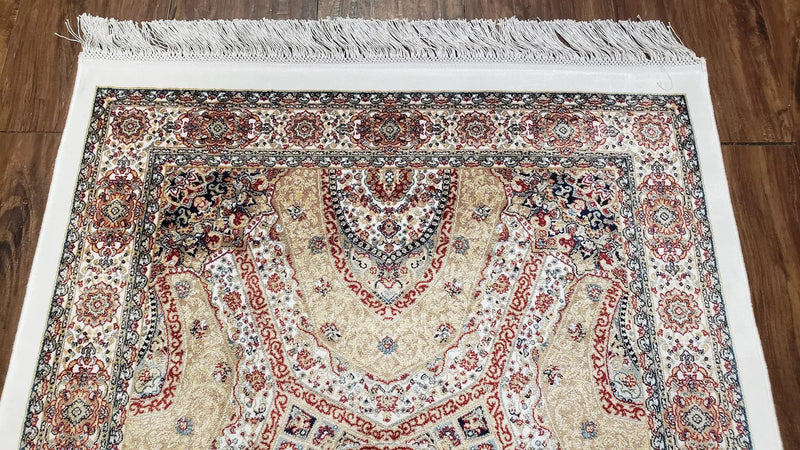 Persian Design Silk Accent Rug, Dome Medallion, Allover Pattern Oriental Carpet, Small Silk Rug, Cream, Ivory, Bamboo Silk, 2' 8" x 4' 1" by Jewel Rugs