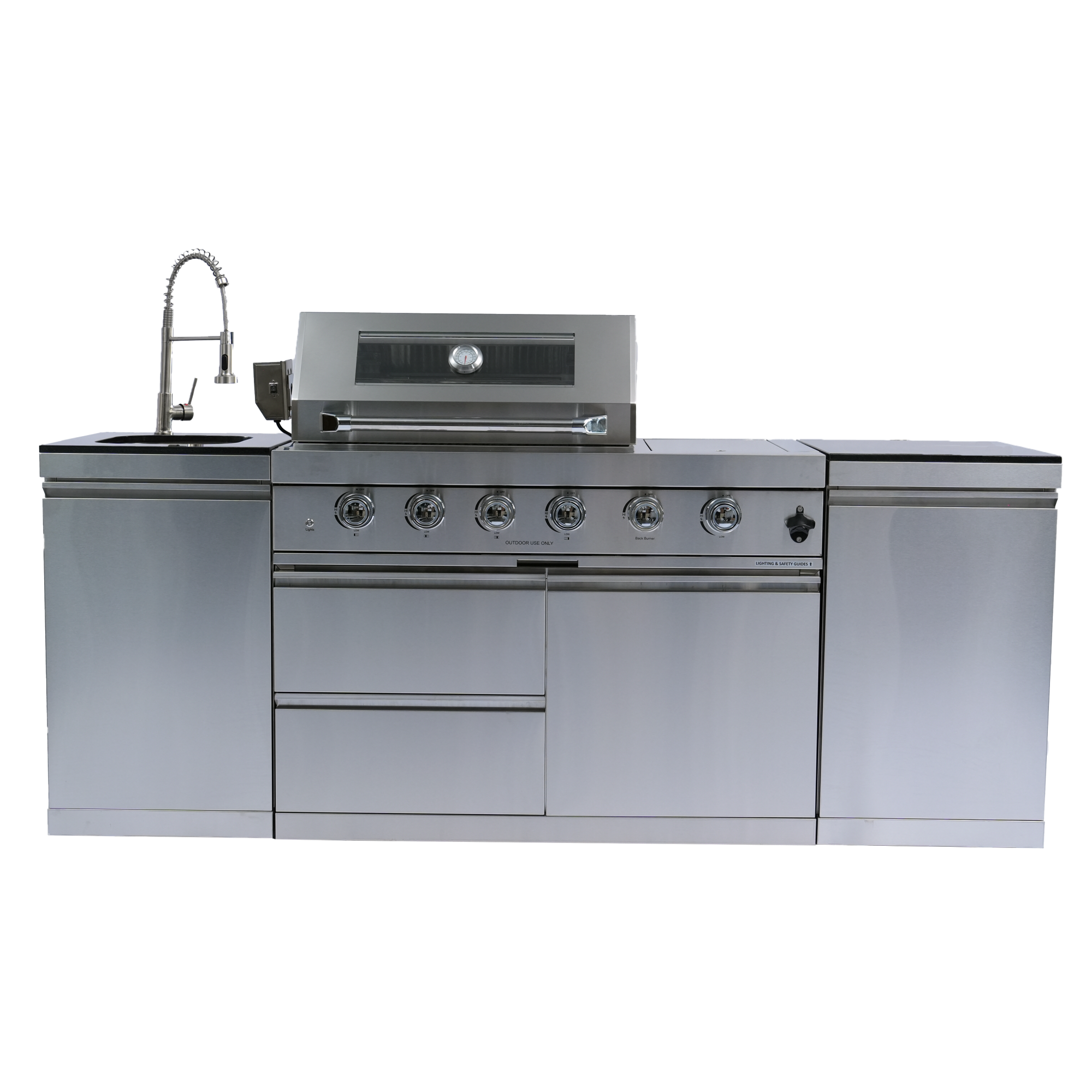 NG 85" 4-Burner 72,000 BTU Silver Outdoor Kitchen Island Grill + Side B & Storage Cabinets & Sink by Chery Industrial