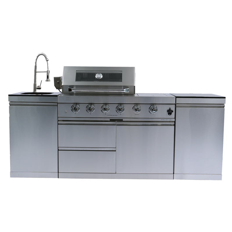 NG 85" 4-Burner 72,000 BTU Silver Outdoor Kitchen Island Grill + Side B & Storage Cabinets & Sink by Chery Industrial