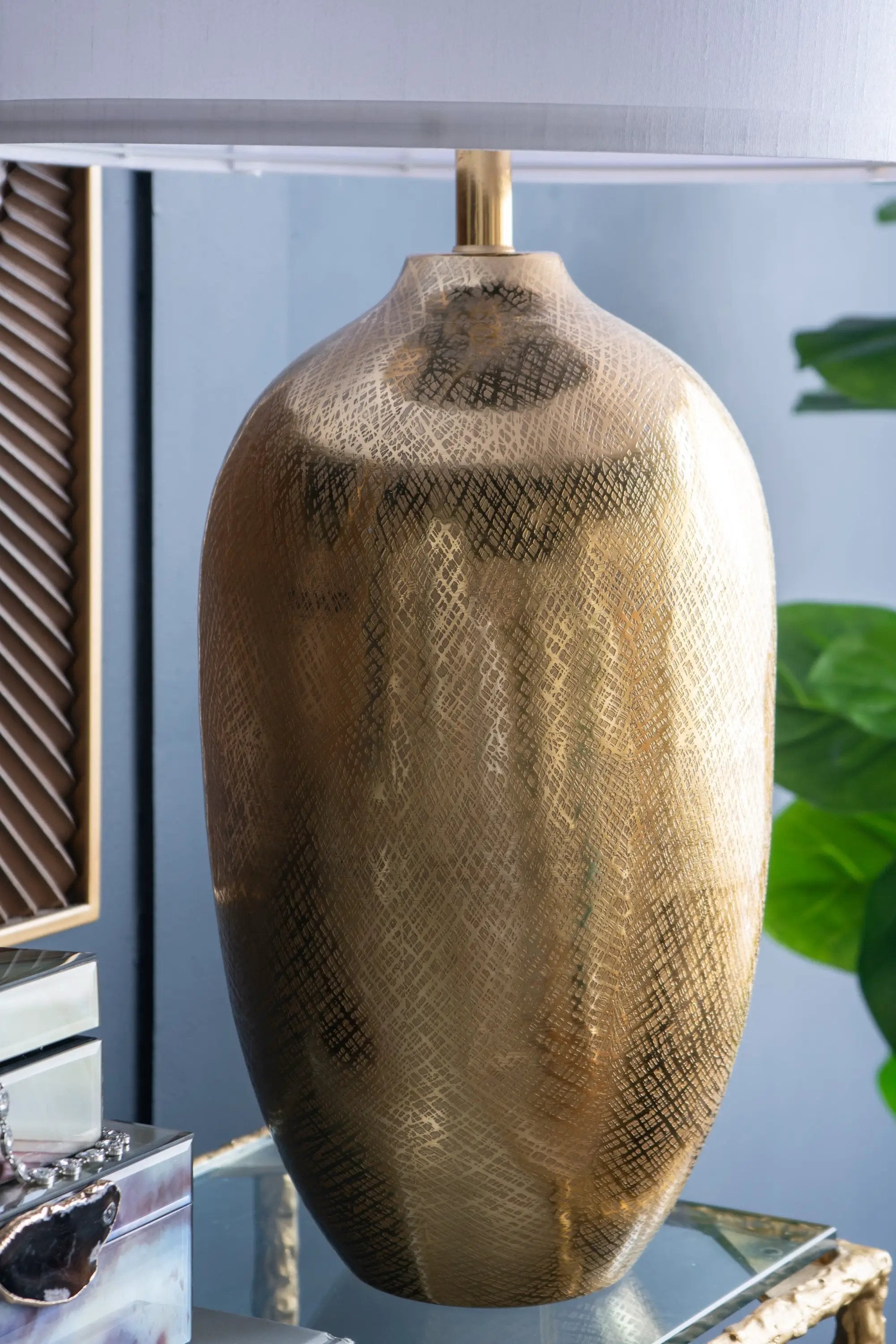 D15x25.7' Round Aluminum Sheet Gold Table Lamp with White Fabric Shade by HouseOfZazla