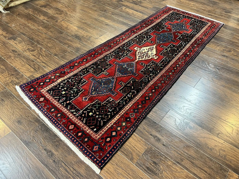 Persian Kurdish Senneh Runner Rug 3x9, Red Navy Blue, Medallions Wool Tribal Runner for Kitchen/Hallway 9ft Antique Handmade Oriental Runner by Jewel Rugs