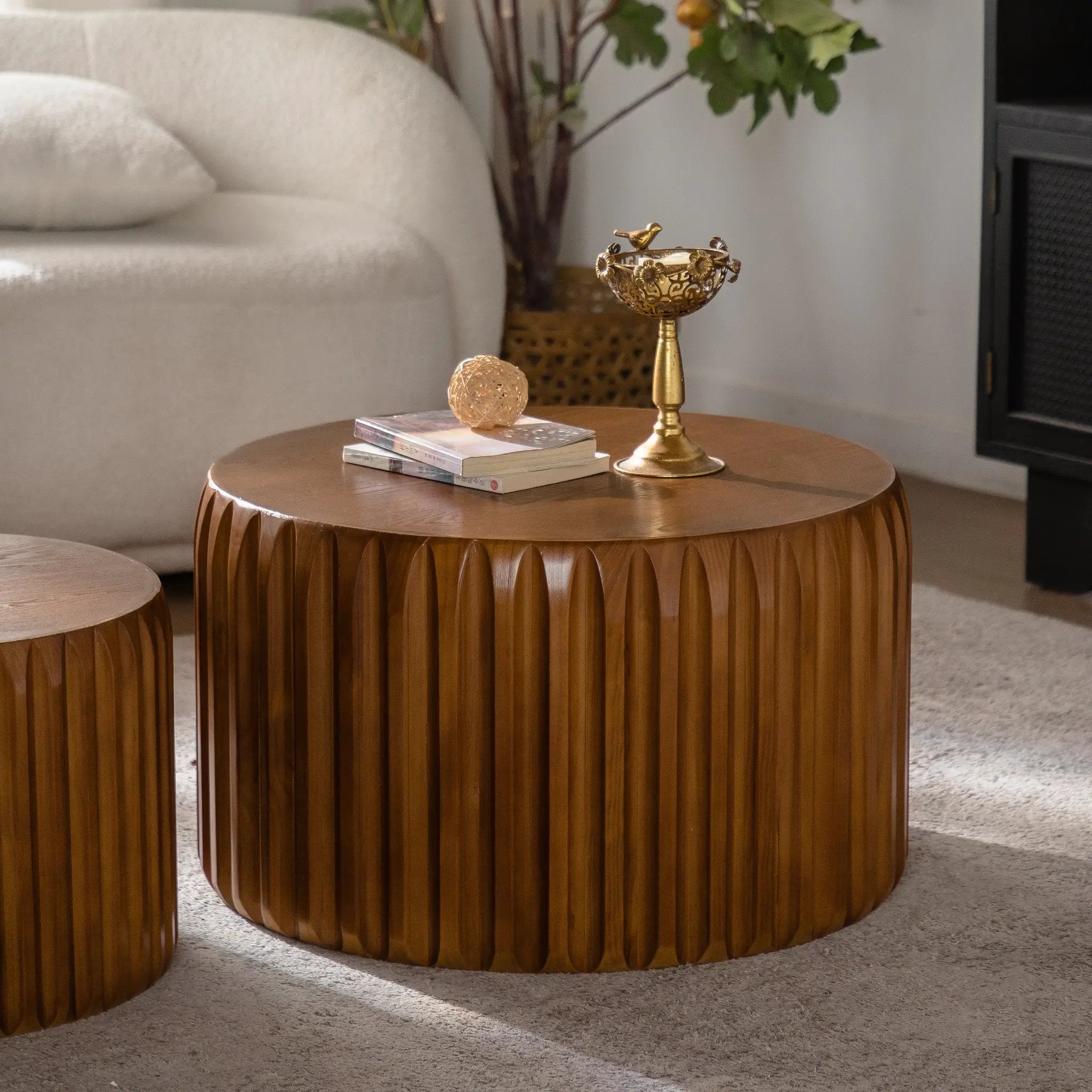 Set of 2 Fluted Round Coffee Tables - Mid-Century Modern Wood by HouseOfZazla
