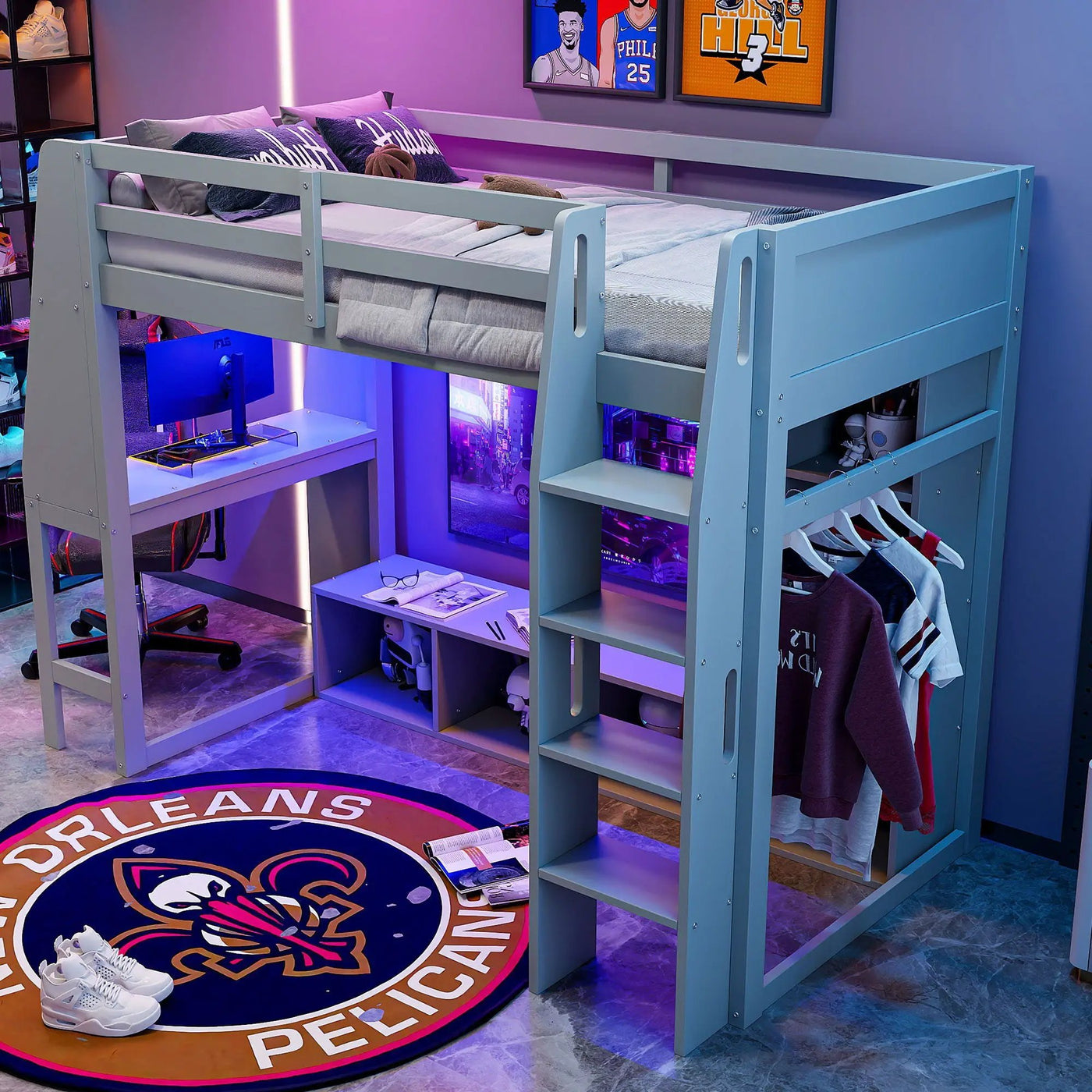 Gaming Loft Bed With Desk, Multi Storage Shelves, LED Lighting, And Hanging Clothes Rack by HouseOfZazla