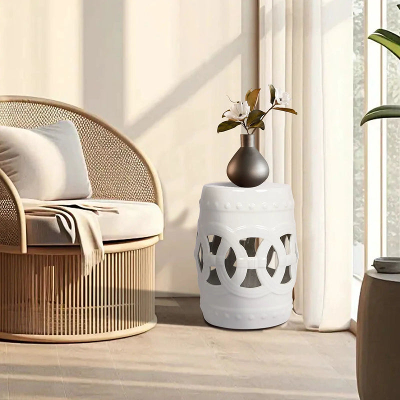 Elegant Glazed Ceramic Drum Stool Indoor / Outdoor Side Table Accent Garden Stool - White by HouseOfZazla