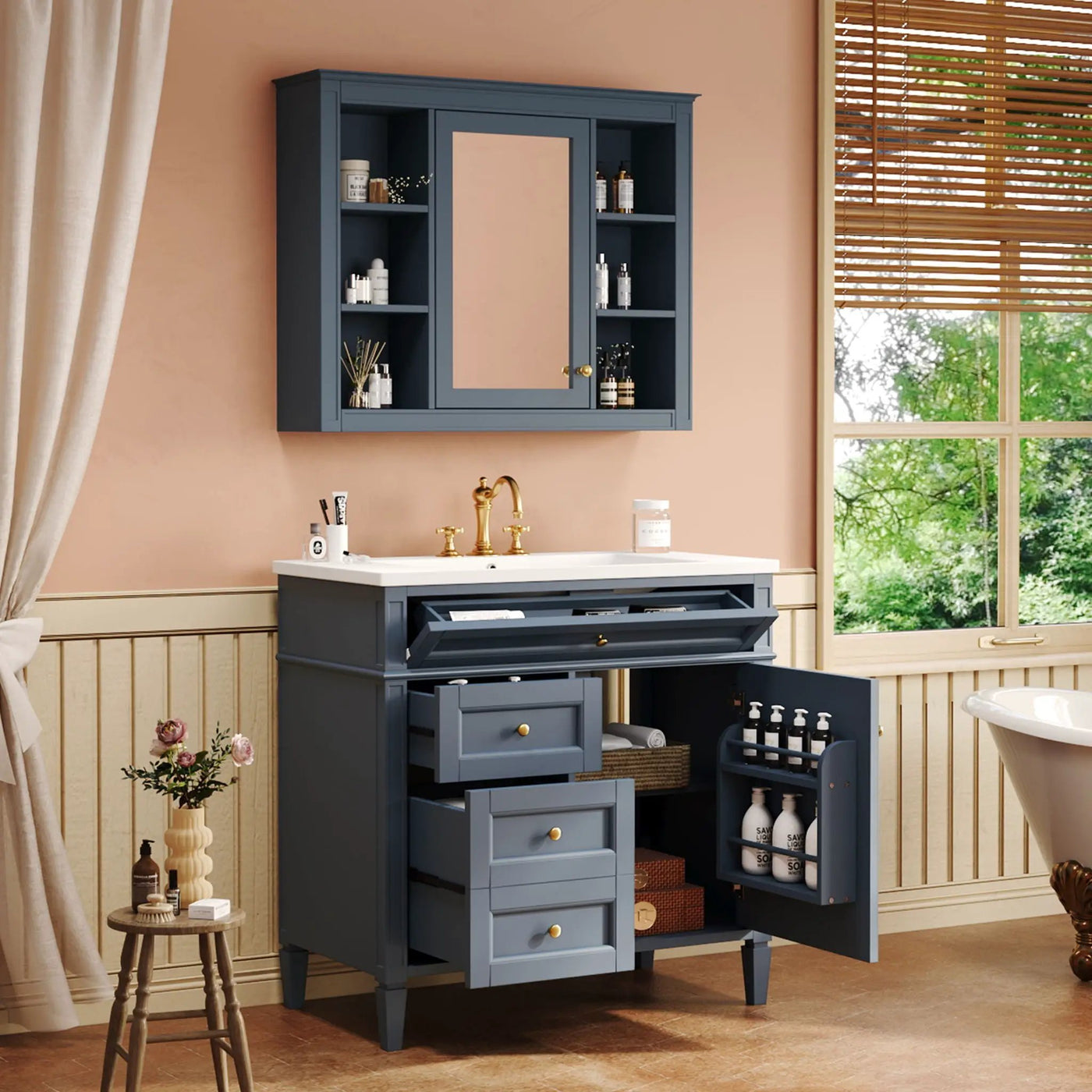 Bathroom Vanity With Mirror Cabinet, Single Sink With 2 Soft Closing Doors And 4 Drawers by HouseOfZazla