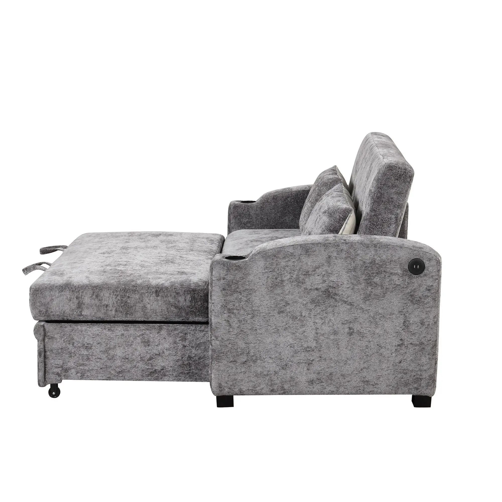Pull Out Loveseat Sofa With Adjsutable Backrest, 2 Pillows, Cup Holders, USB Ports For Living Room by HouseOfZazla
