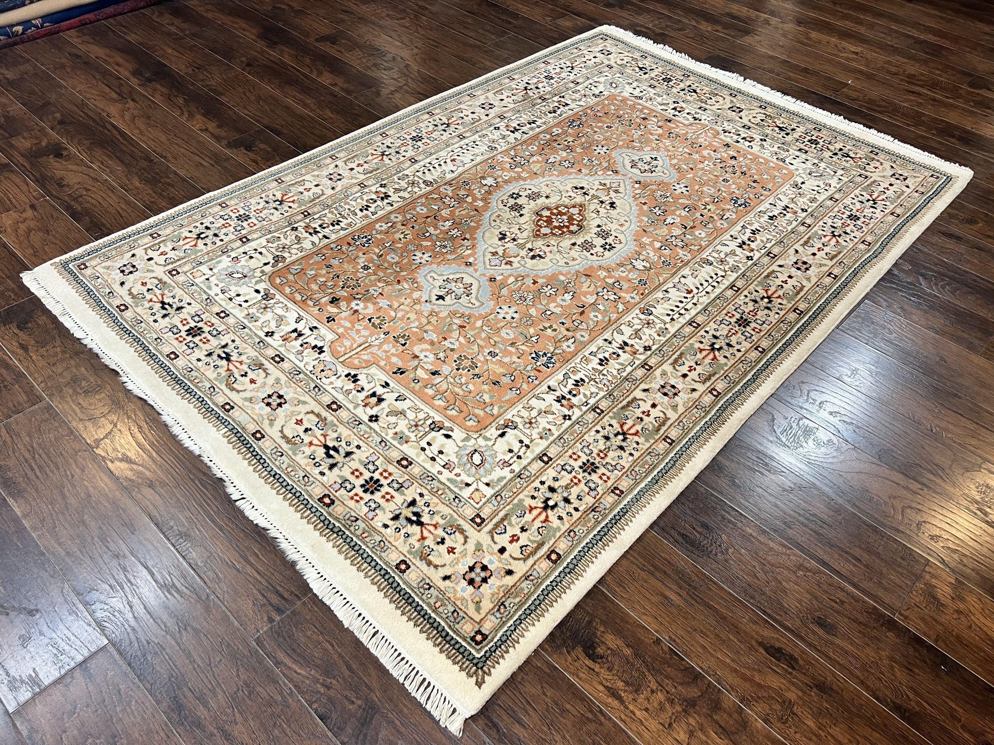 Indo Persian Rug 6x9, Wool Hand Knotted Vintage Carpet, Salmon & Ivory, Traditional Oriental Rug 6 x 9 by Jewel Rugs