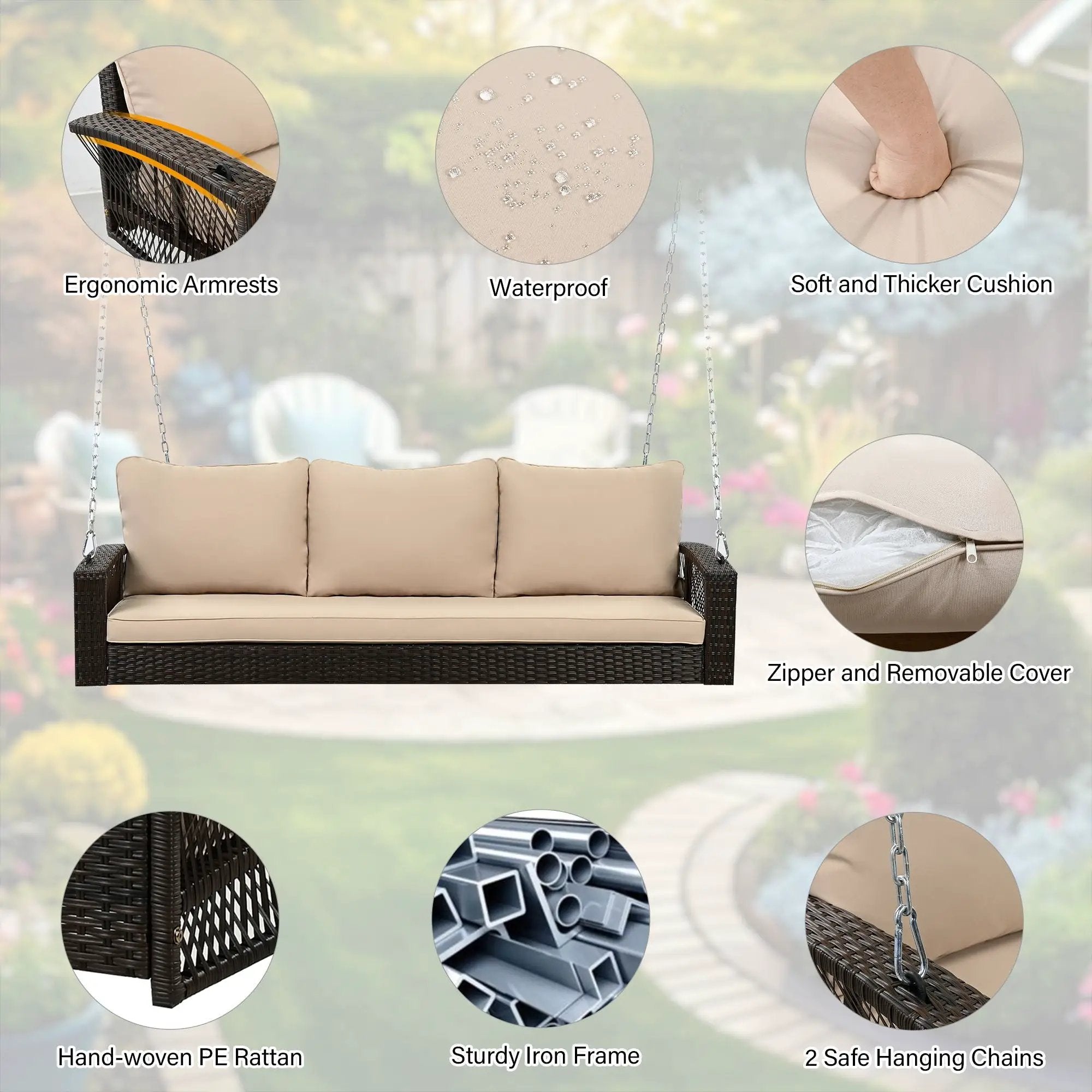 3 Person Large Patio Swing Bench With Cushions For Backyard by Unique Piece Furniture