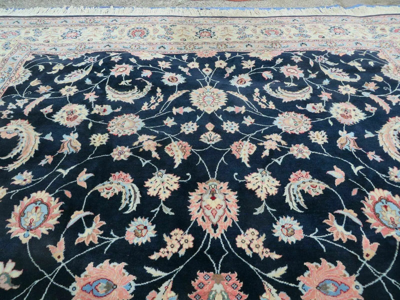 Large Indo Persian Rug 10x14, Wool Hand-Knotted Carpet, Navy Blue Ivory by Jewel Rugs