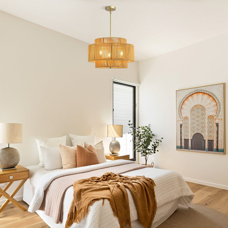 Boho Rattan Chandelier with Rustic Modern 3-Light Design - Natural Finish, photo 3 of 7