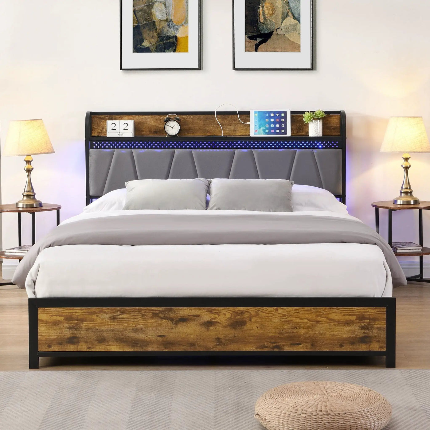 Modern Bed Frame With LED Lights, Upholstered Headboard, USB Charging by HouseOfZazla