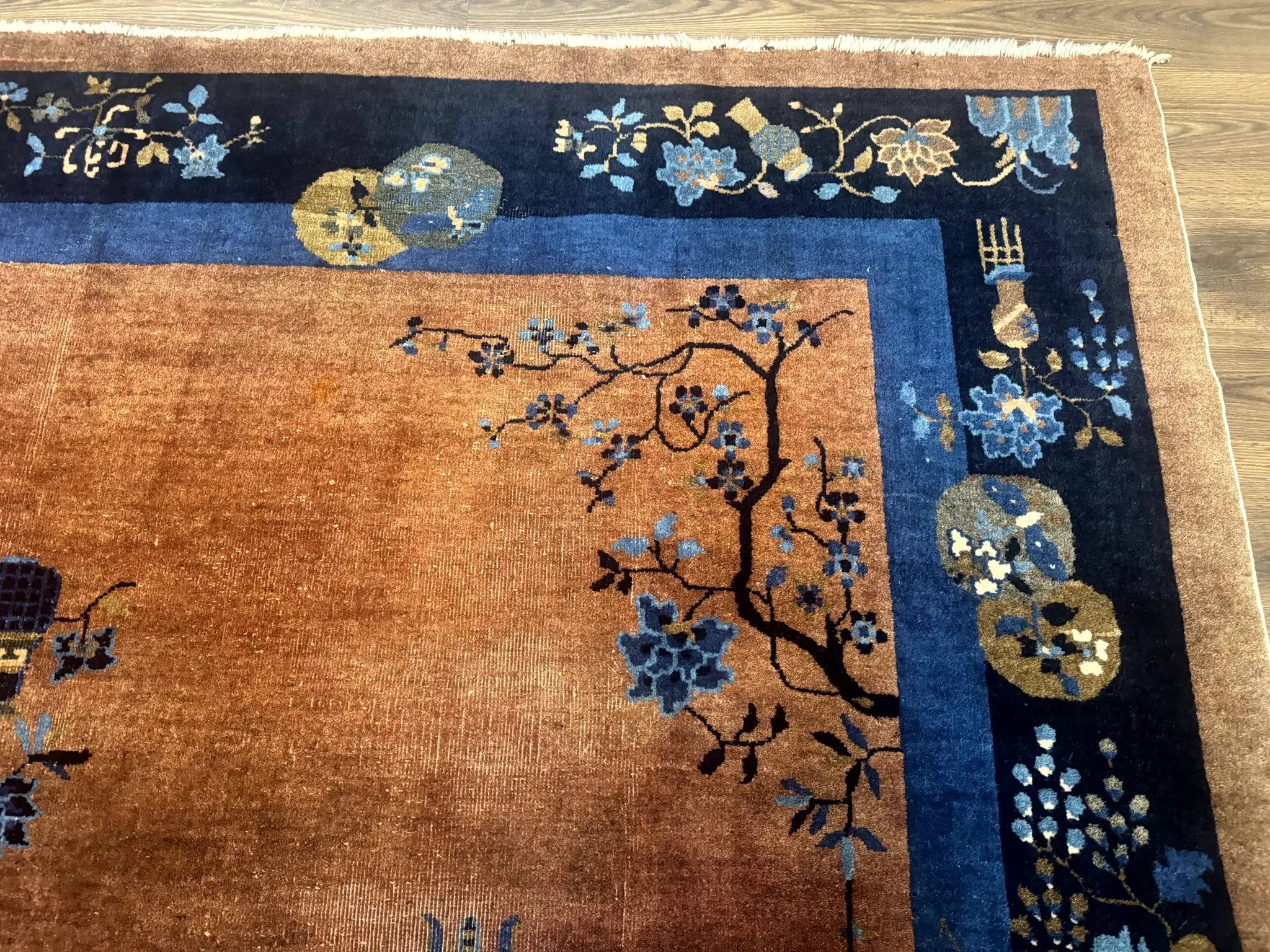 Antique Chinese Wool Rug 9x12, Light Brown and Navy Blue, Fete Peking Art Deco by Jewel Rugs