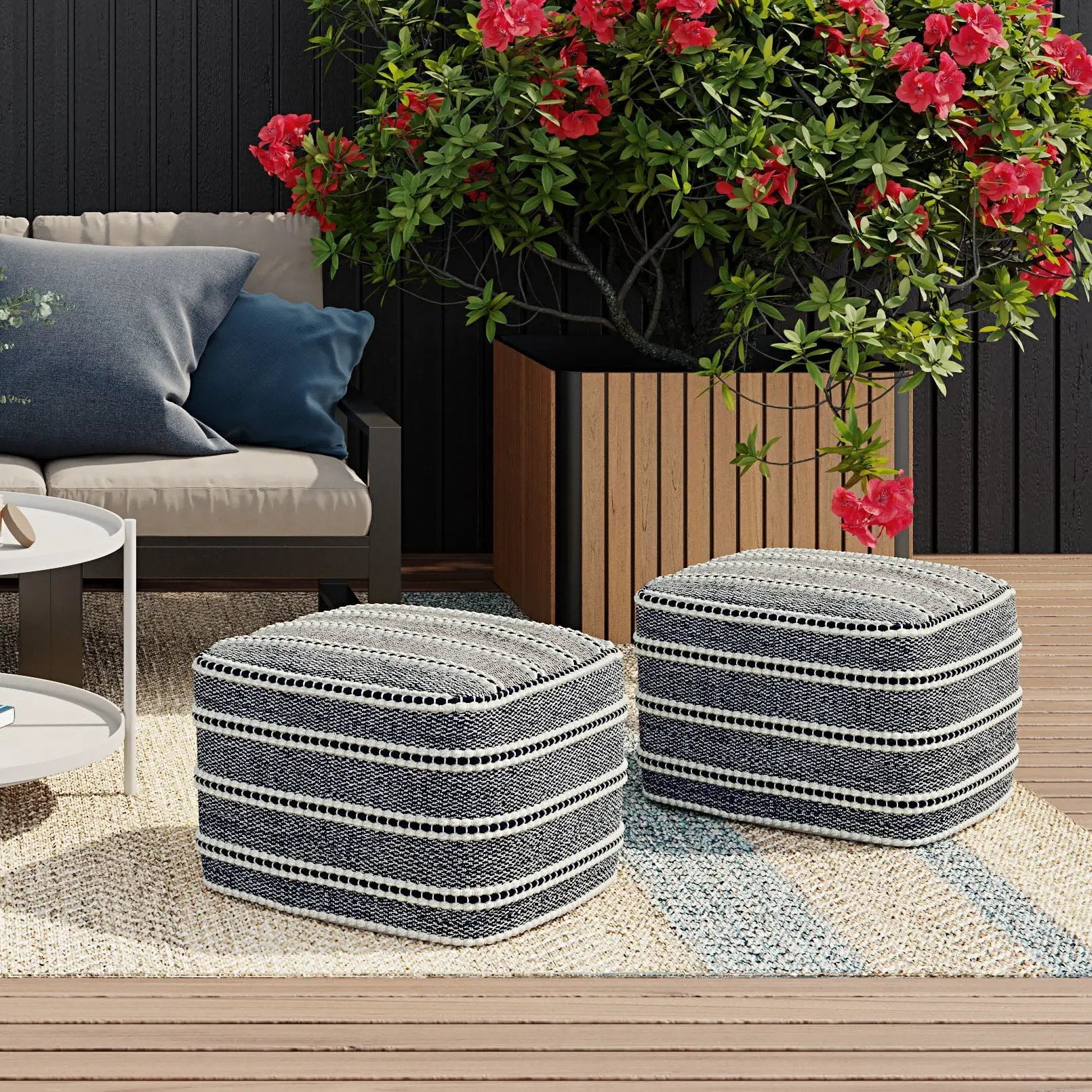 Corrie - Square Outdoor / Indoor Pouf - Navy / White by Unique Piece Furniture