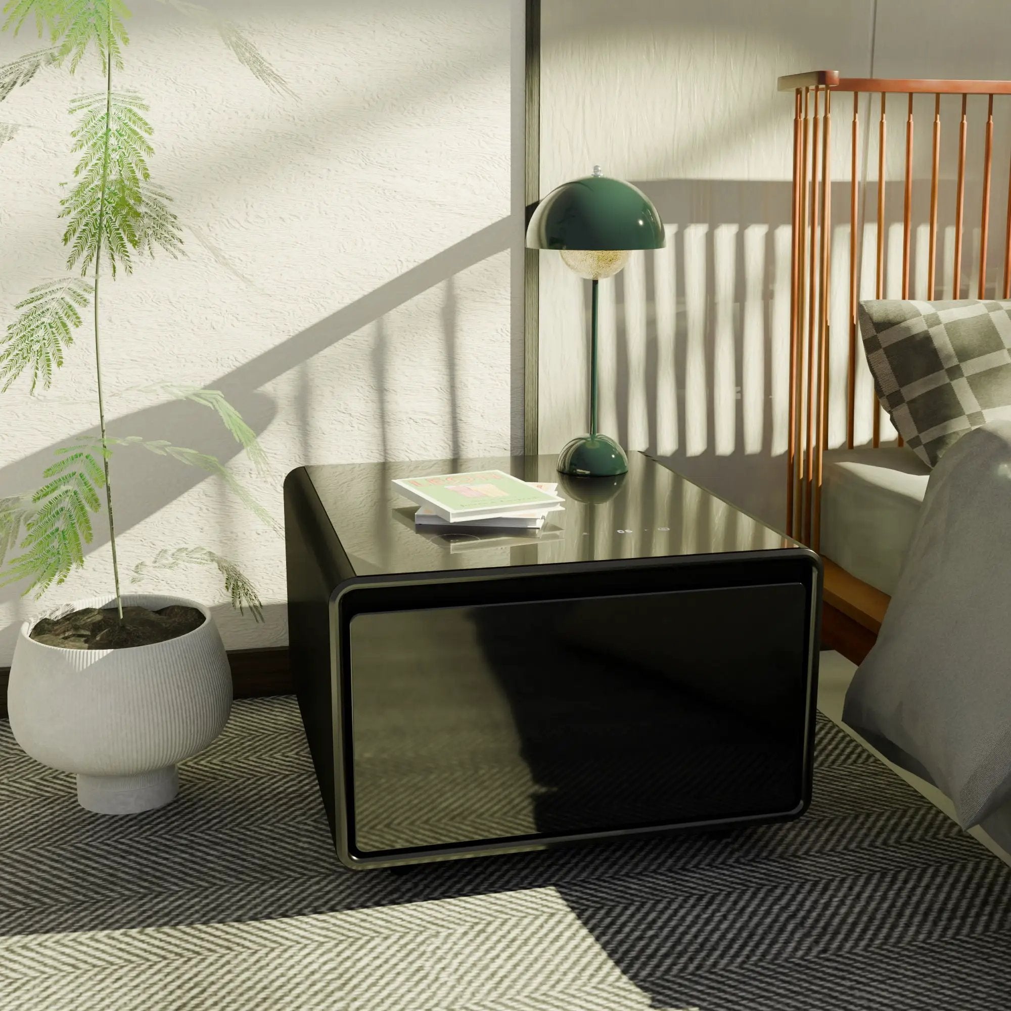 Modern Smart Side Table With Built-In Fridge, Wireless Charging, Temperature Control, Power Socket, USB Ports, Outlet Protection, Induction Light by Unique Piece Furniture