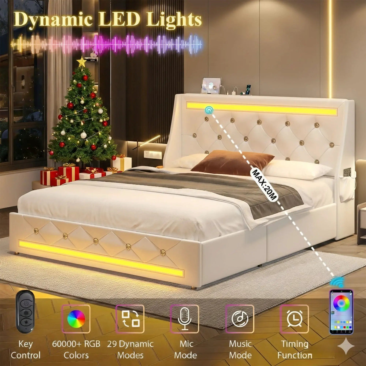 Wingback Upholstered Bed Frame With LED Lights, Charging Station by HouseOfZazla