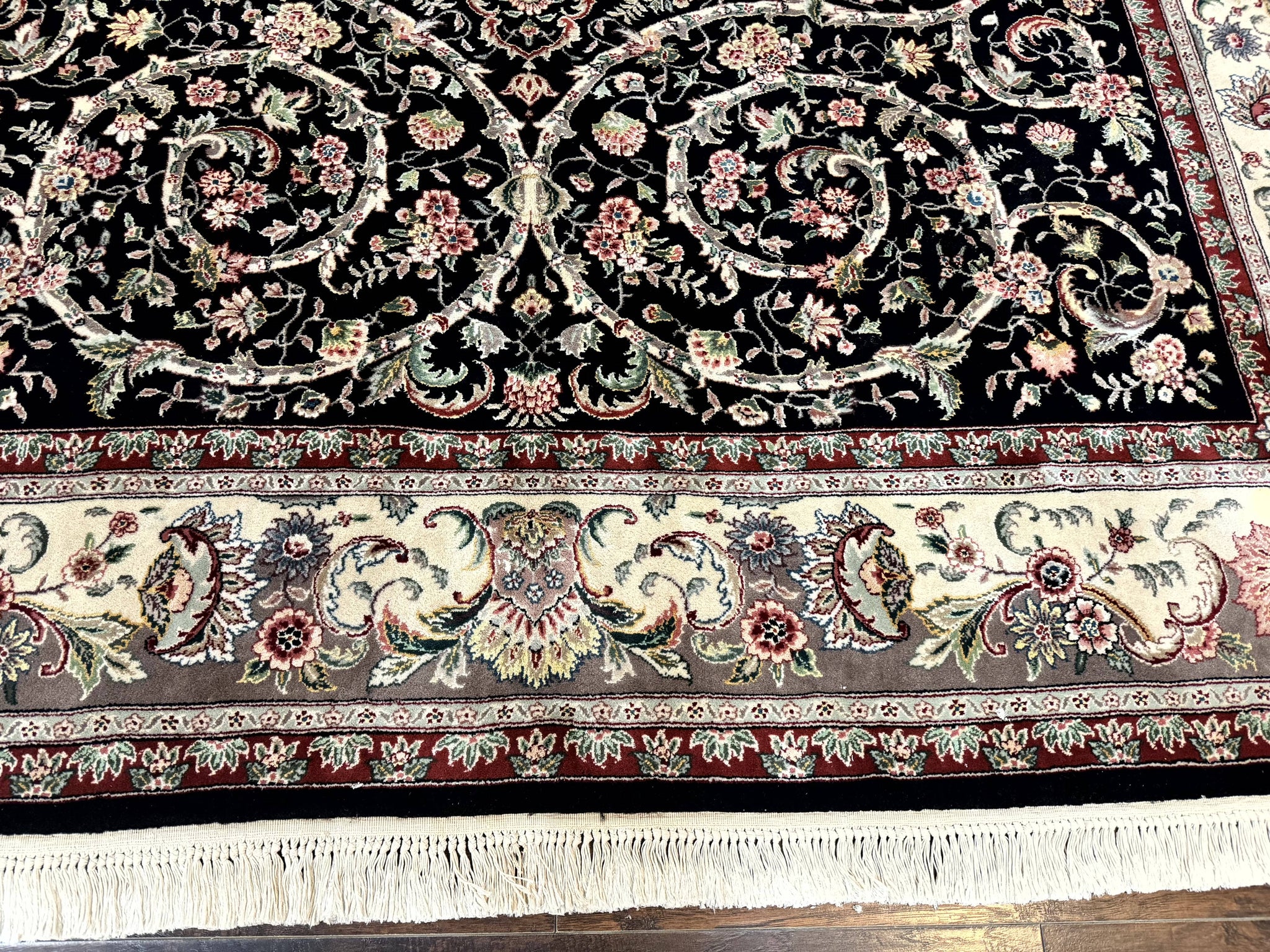 Black Pak Persian Rug 8x11, Floral Pattern, Hand Knotted Vintage Wool Rug with Silk Highlights, Fine 200 KPSI by Jewel Rugs