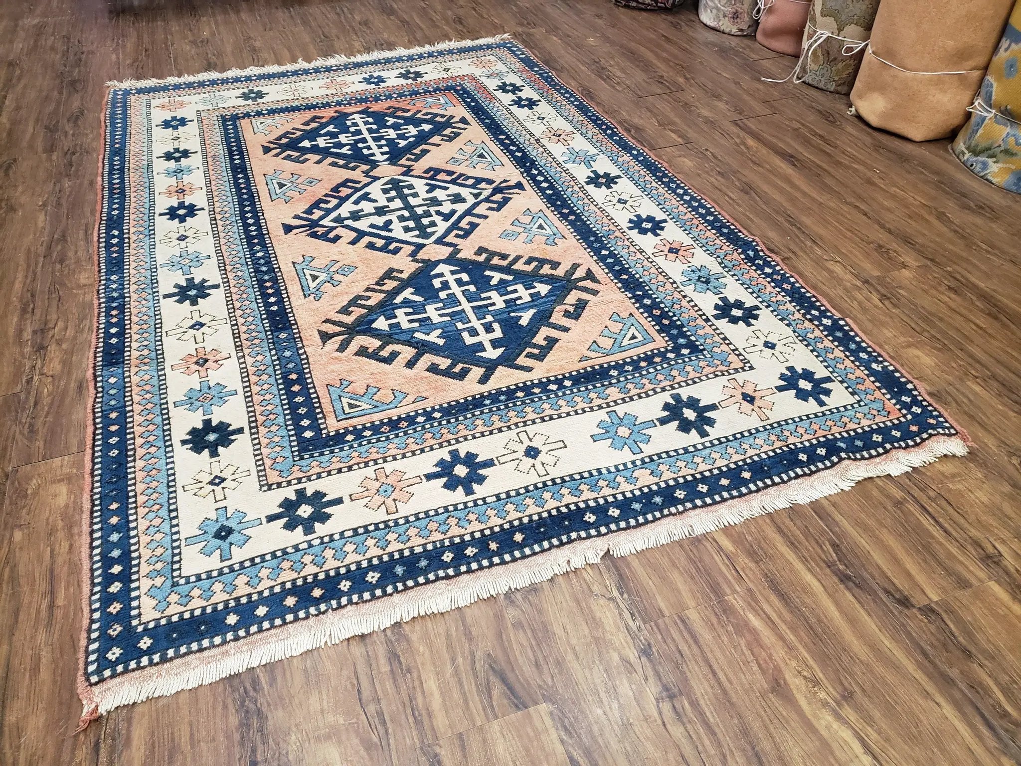 Turkish Kazak Rug 5x8 ft, Bold Geometric Bohemian Carpet, Blue and Ivory Hand Knotted Area Rug, Medium Sized High Quality Wool Oriental Rug by Jewel Rugs