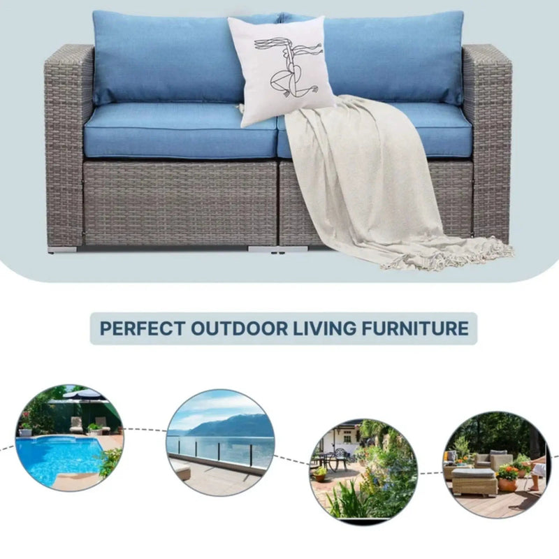 2 Piece Patio Loveseat Set With Thick Cushions, Outdoor Sectional Sofa For Balcony - Blue / Brown by HouseOfZazla