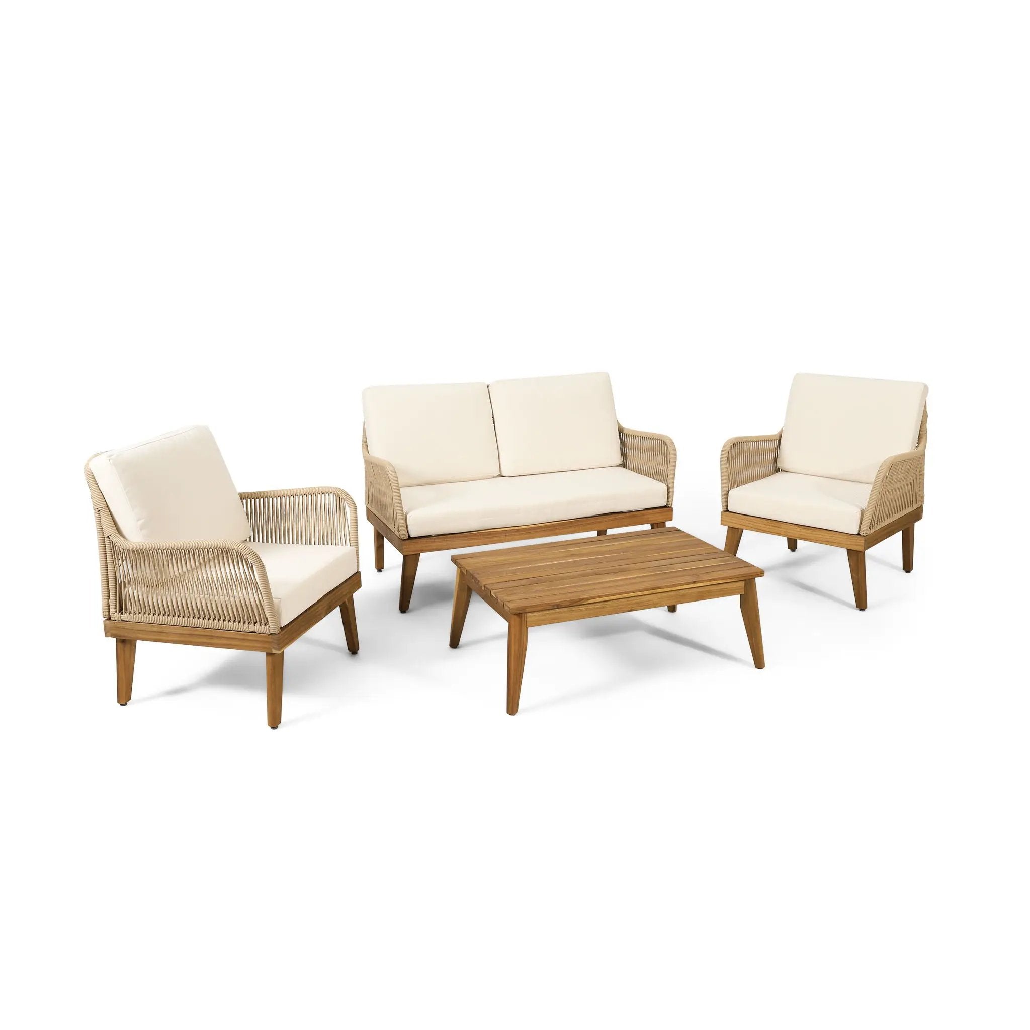 Hueber Outdoor And Rope 4 Seater Chat Set With Cushions - Teak by HouseOfZazla