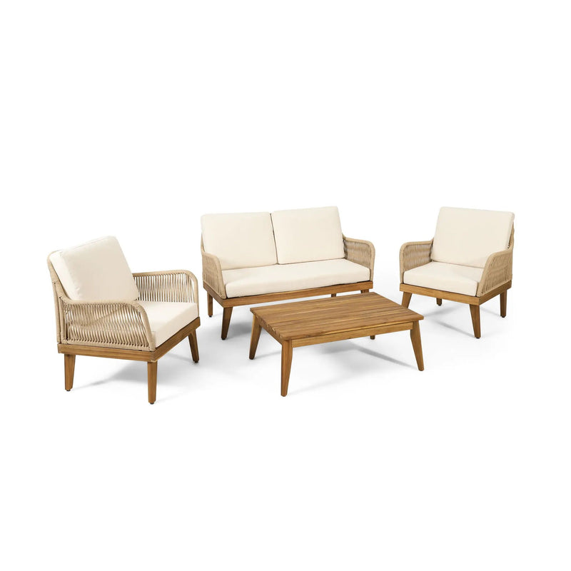 Hueber Outdoor And Rope 4 Seater Chat Set With Cushions - Teak by HouseOfZazla