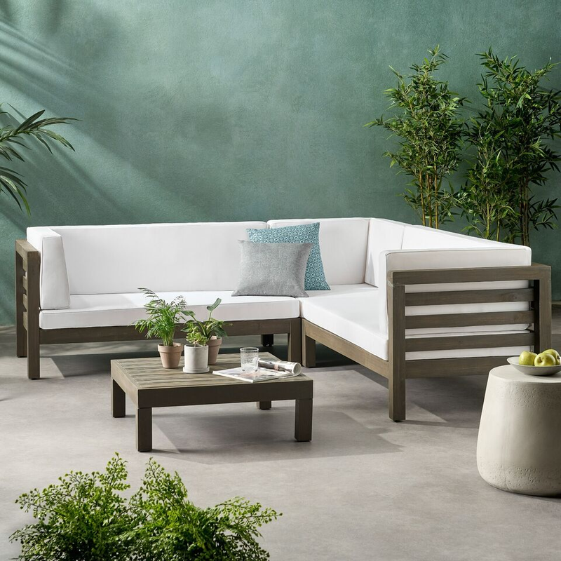 OANA Outdoor Wooden Sectional Set with Cushions, White by HouseOfZazla