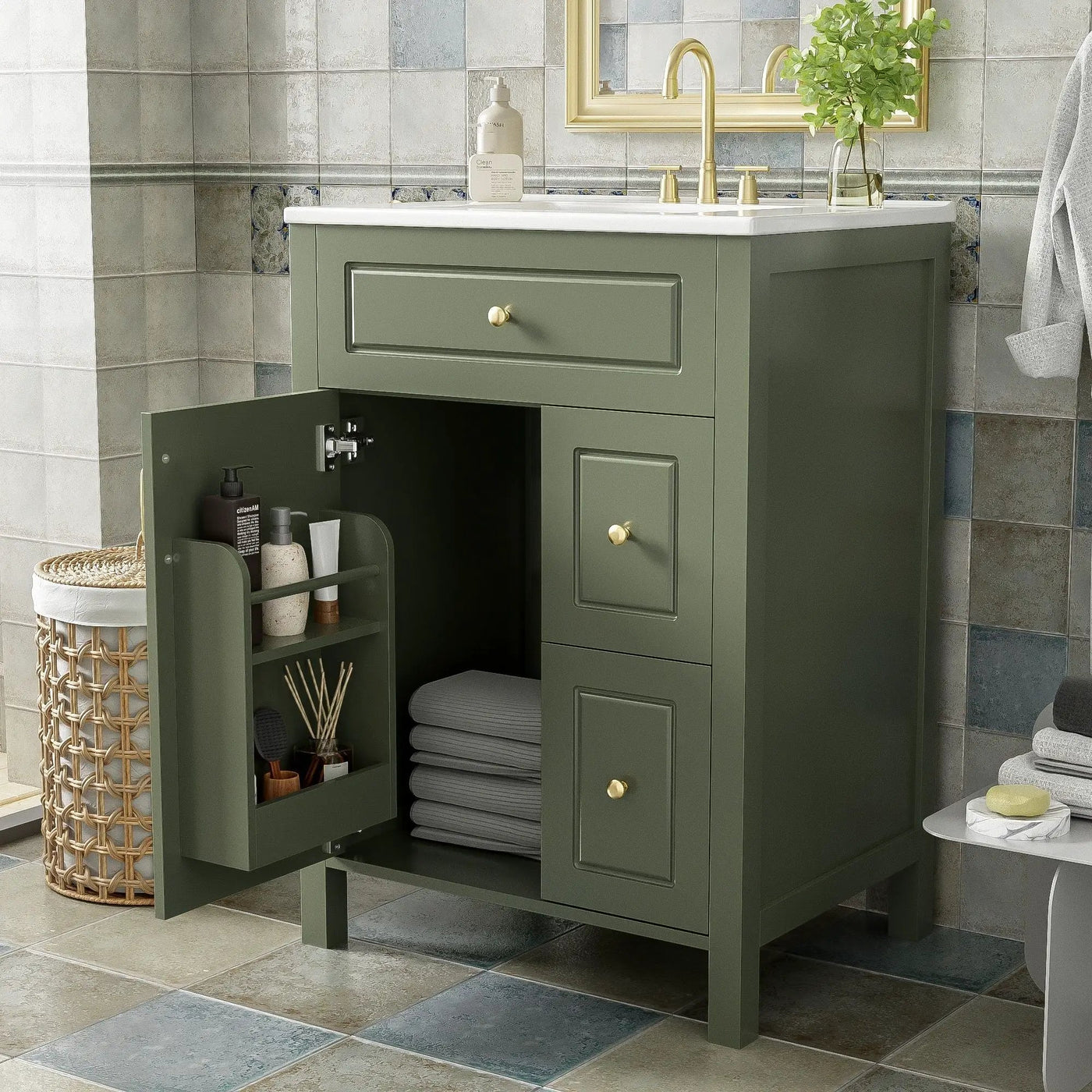 Elegant Bathroom Vanity With Ceramic Sink, Soft Close Doors And Drawers, Double Storage Racks by HouseOfZazla